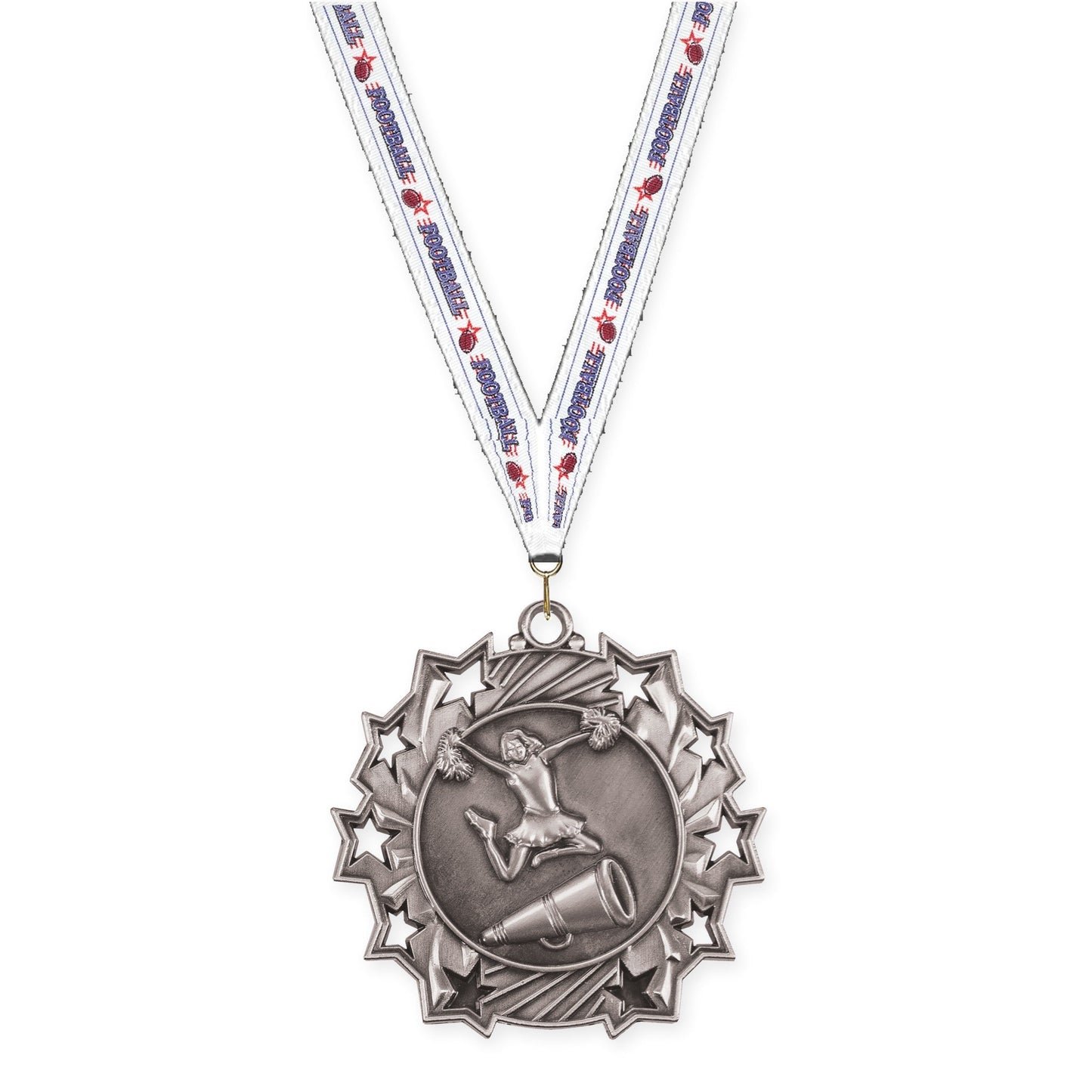 2 1/4 inch cheerleading Ten Star medal in antique silver with Football neck ribbon