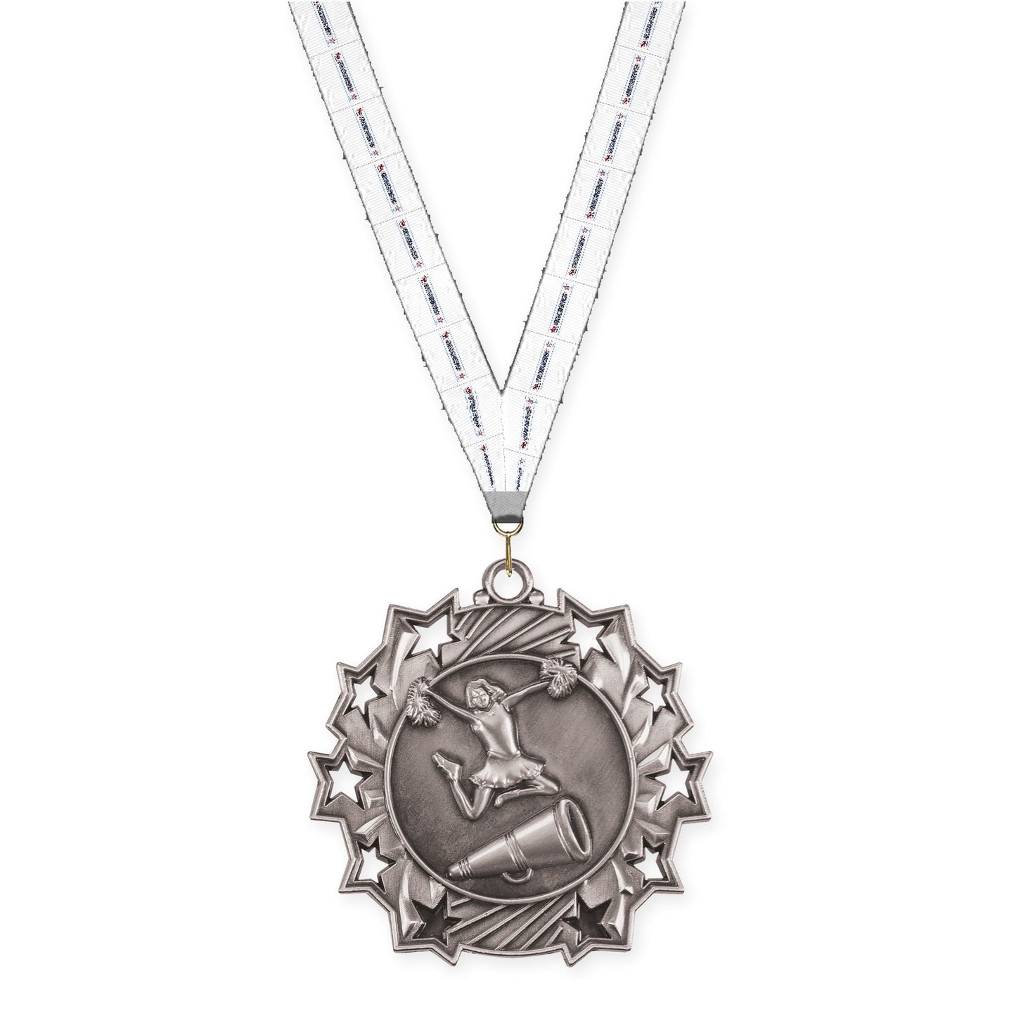 2 1/4 inch cheerleading Ten Star medal in antique silver with Gymnastics neck ribbon