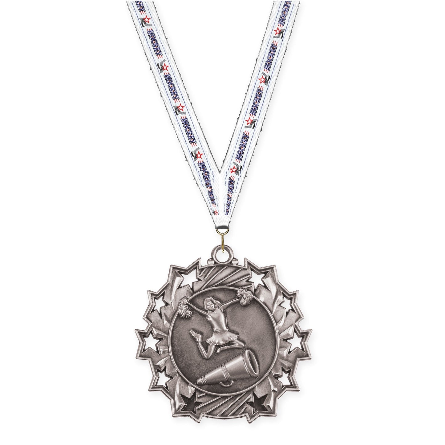 2 1/4 inch cheerleading Ten Star medal in antique silver with Hockey neck ribbon