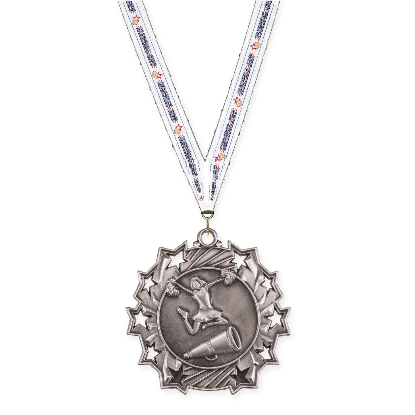 2 1/4 inch cheerleading Ten Star medal in antique silver with Martial Arts neck ribbon