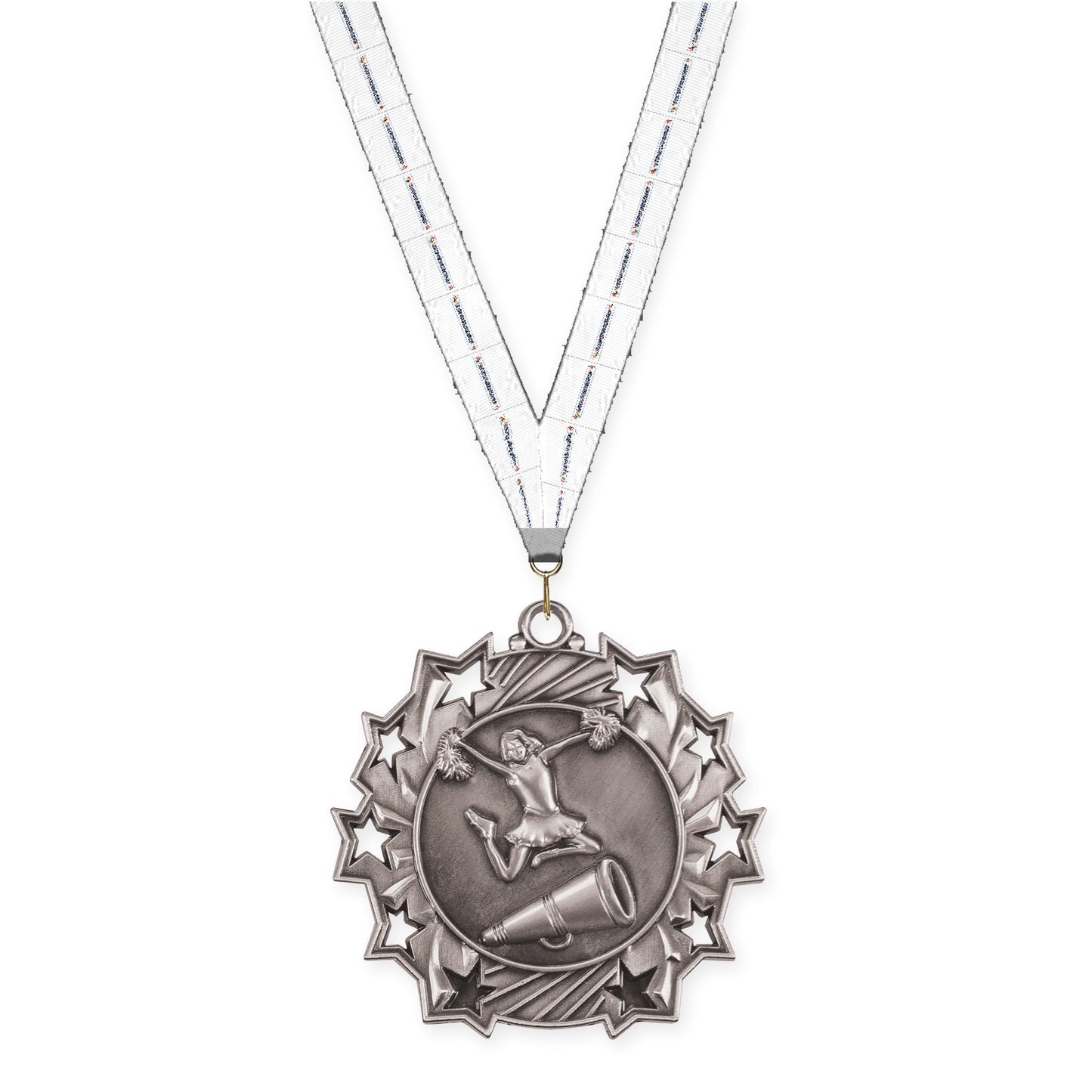2 1/4 inch cheerleading Ten Star medal in antique silver with Lamp Of Knowledge neck ribbon