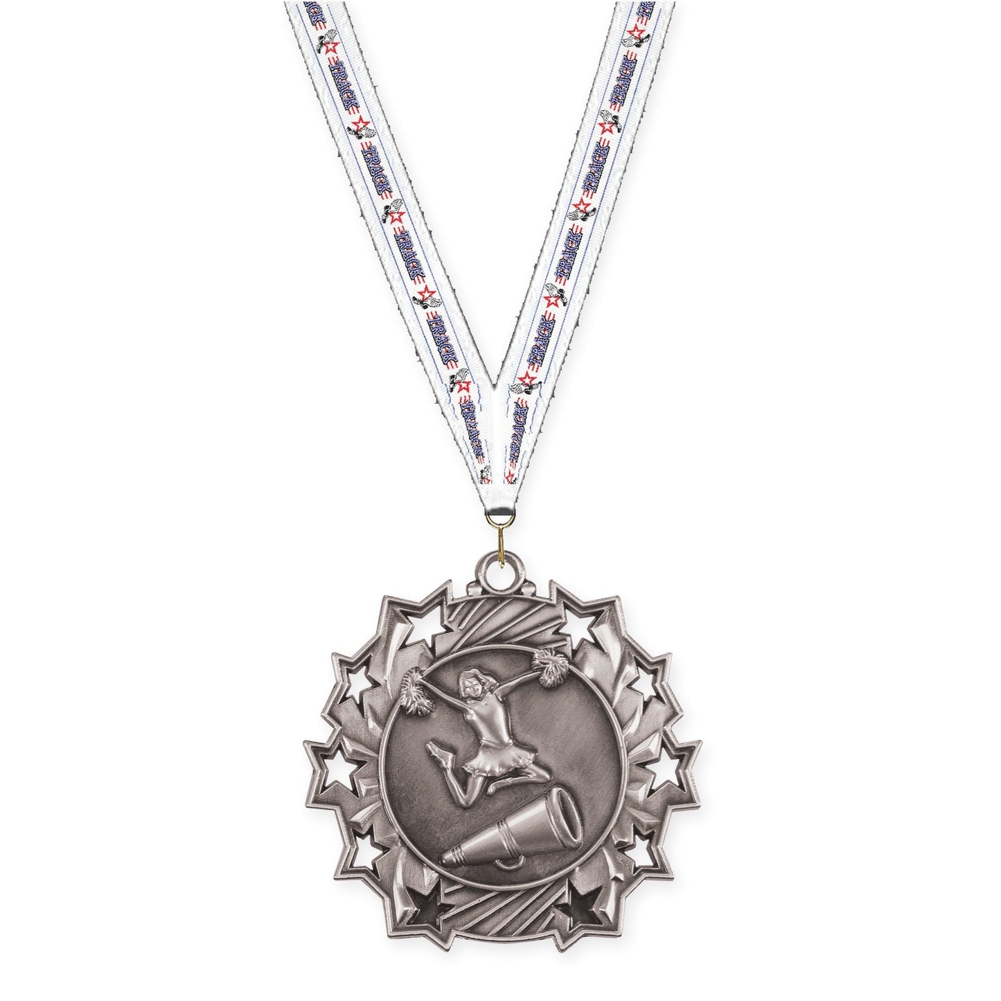 2 1/4 inch cheerleading Ten Star medal in antique silver with Track neck ribbon
