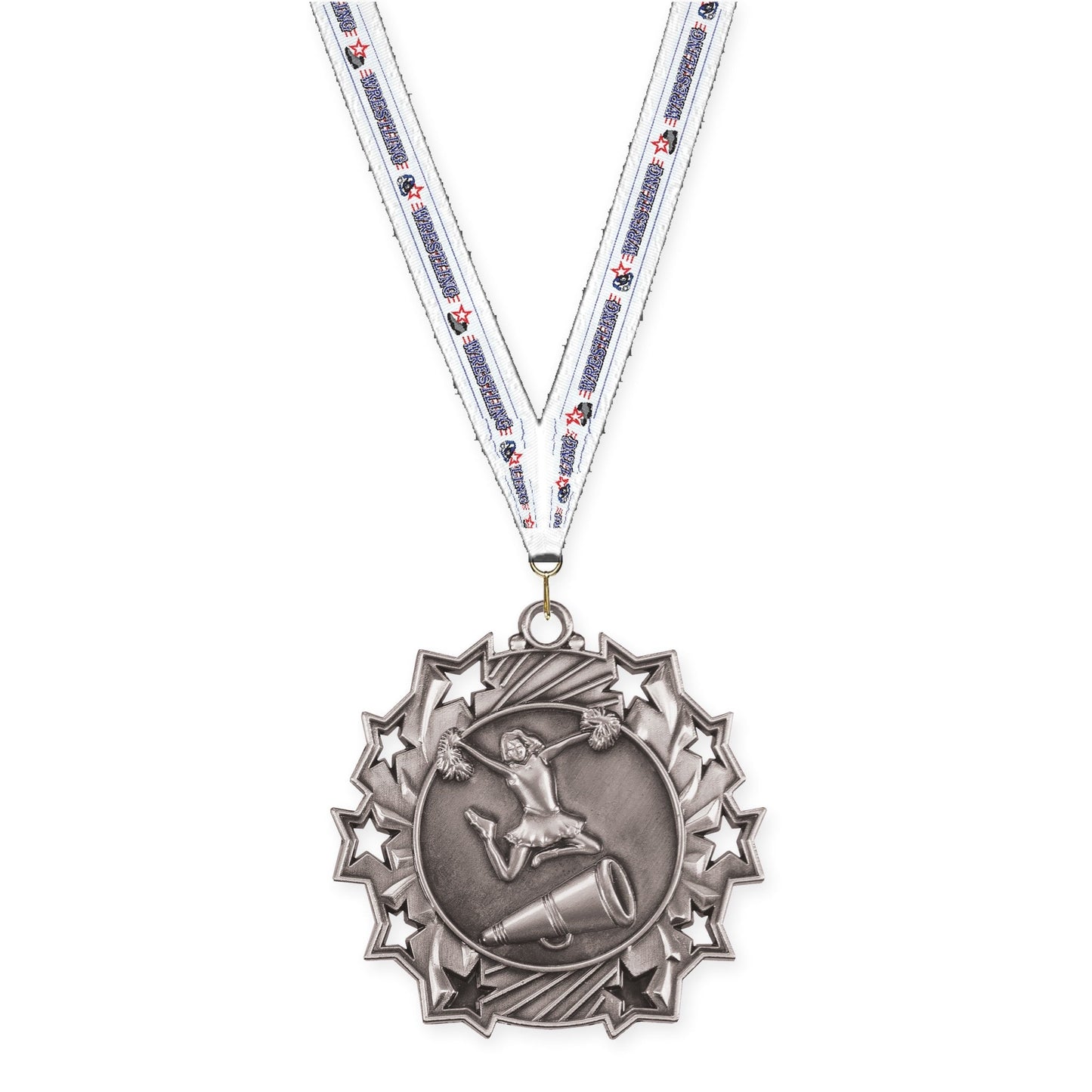 2 1/4 inch cheerleading Ten Star medal in antique silver with Wrestling neck ribbon
