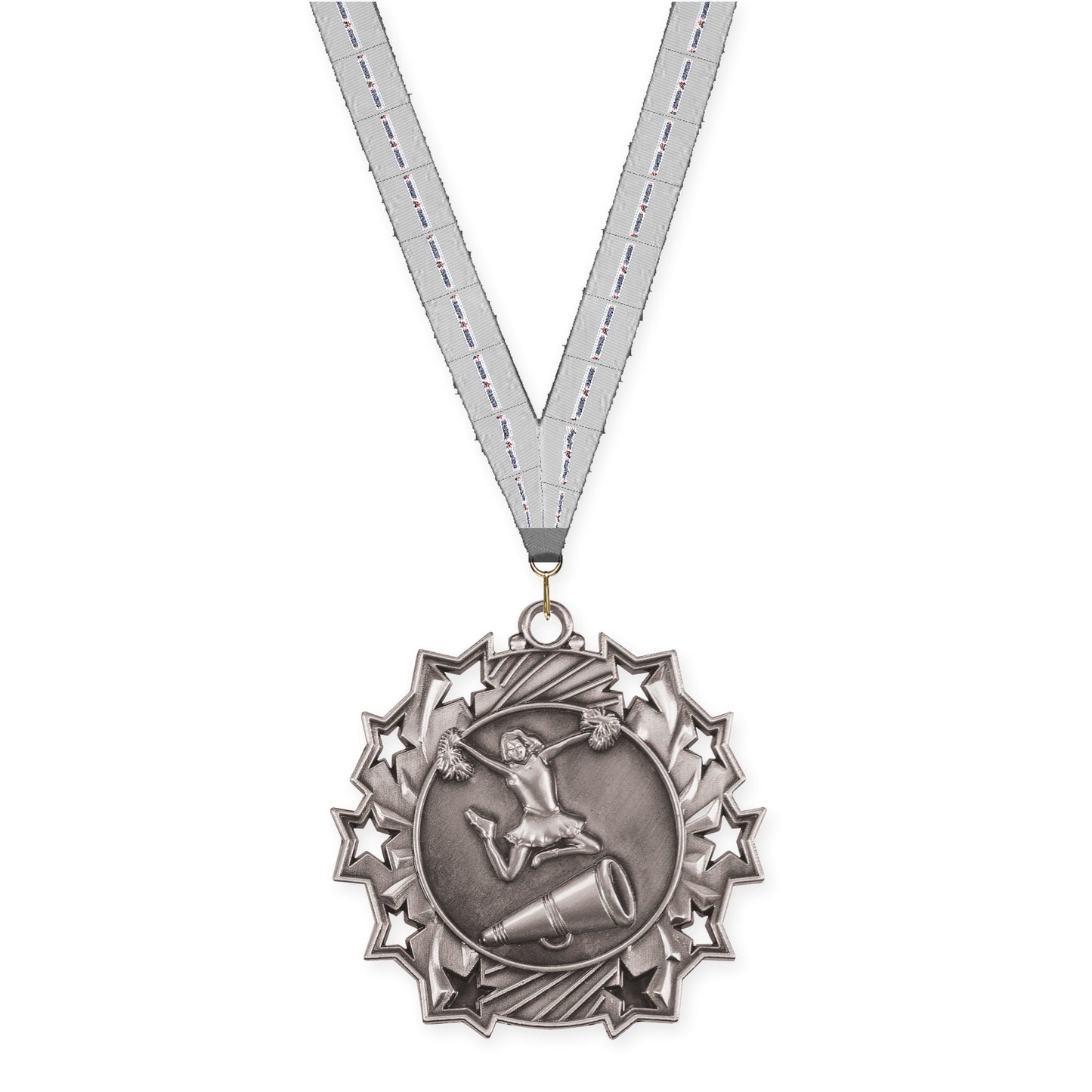 2 1/4 inch cheerleading Ten Star medal in antique silver with Auto Racing neck ribbon