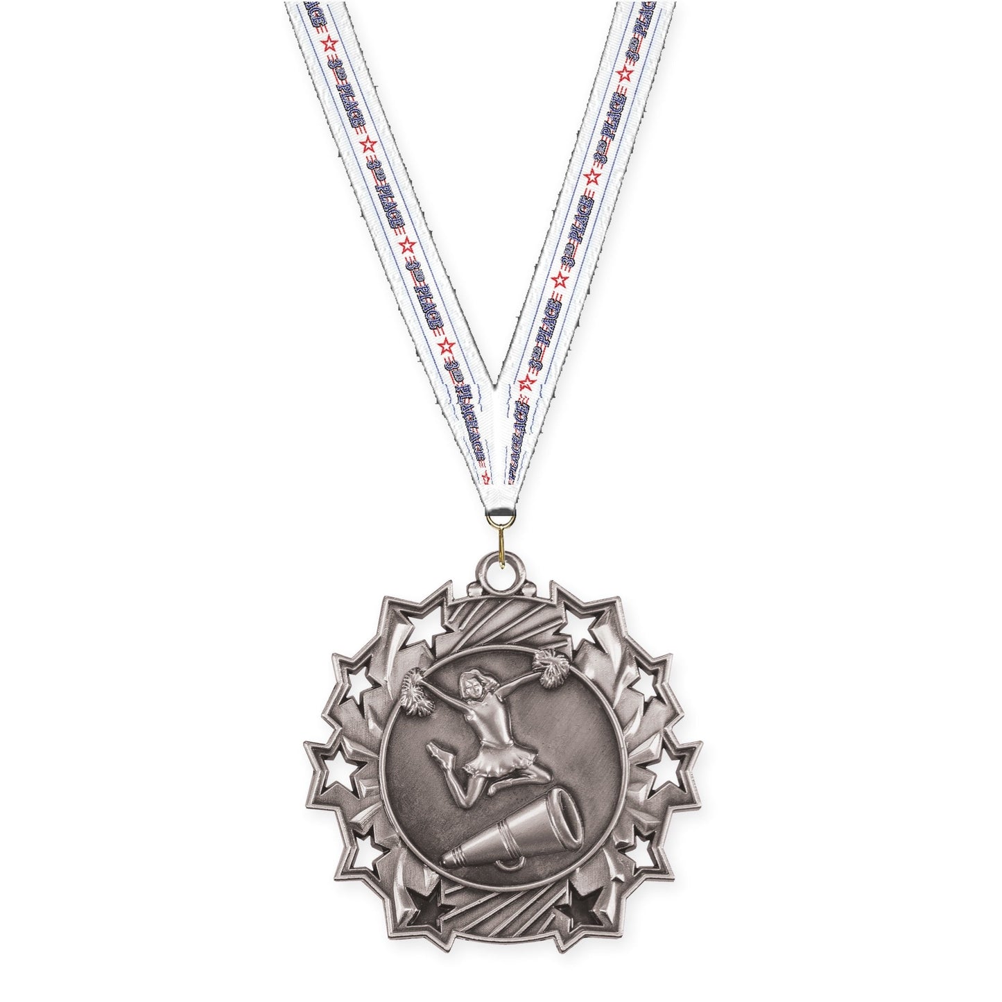 2 1/4 inch cheerleading Ten Star medal in antique silver with 3rd Place neck ribbon