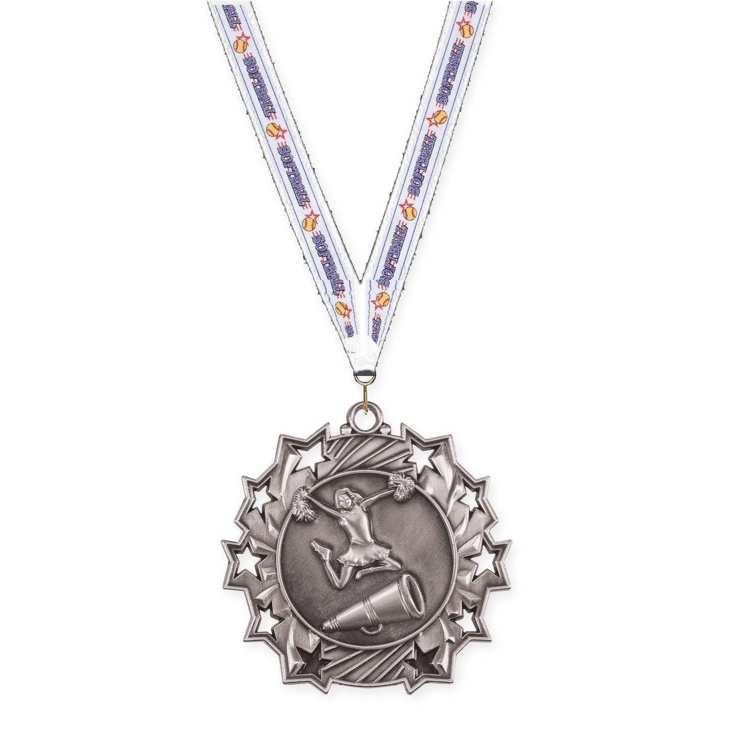 2 1/4 inch cheerleading Ten Star medal in antique silver with Softball neck ribbon