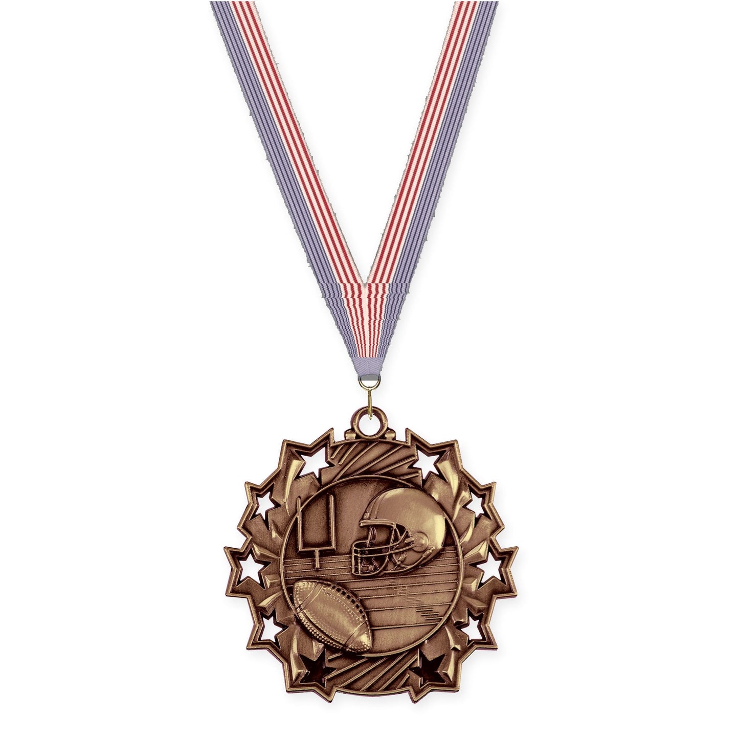 2 1/4 inch football Ten Star medal in bright bronze with USA Flag neck ribbon
