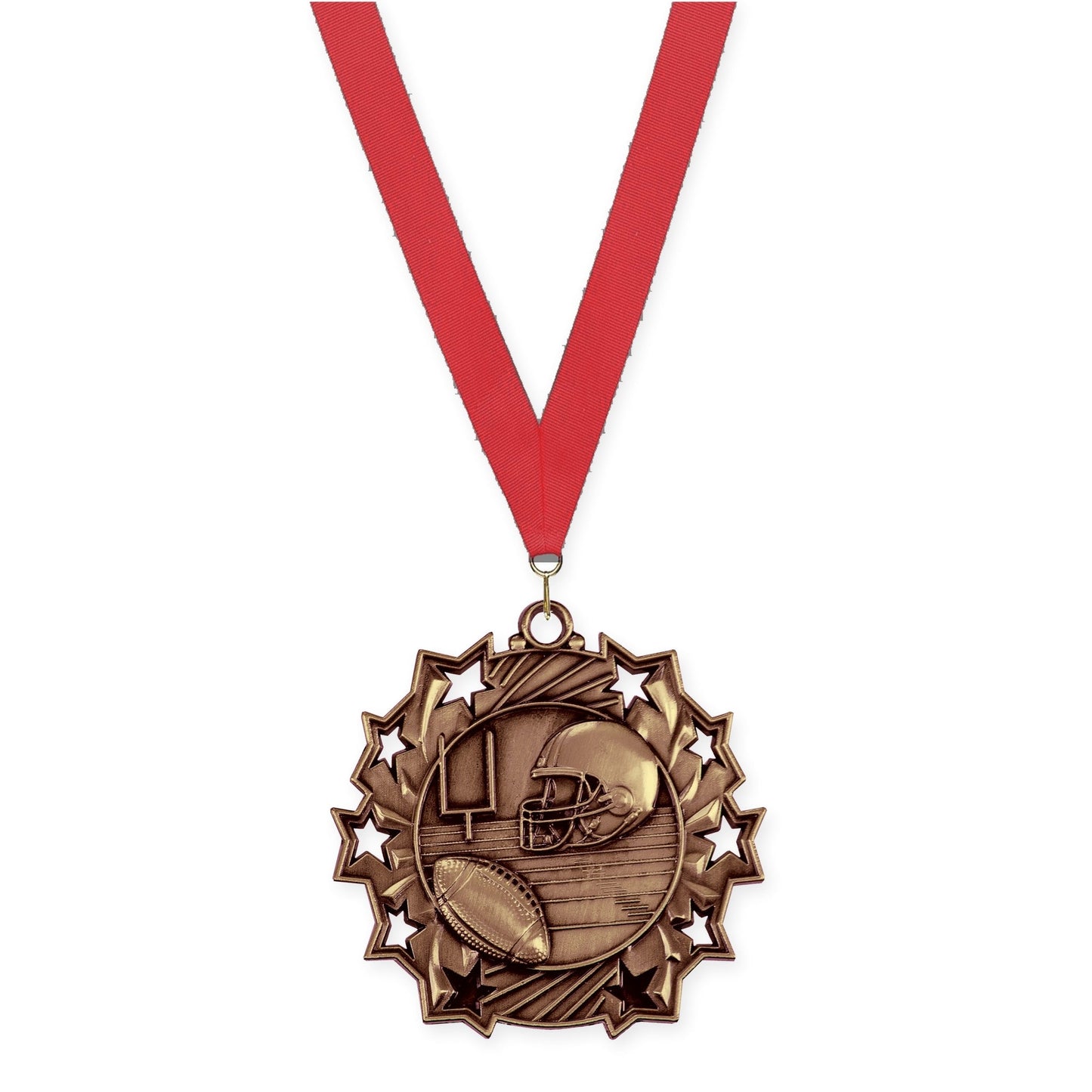 2 1/4 inch football Ten Star medal in bright bronze with Red neck ribbon