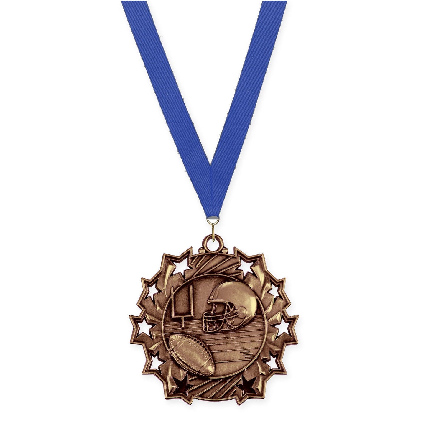 2 1/4 inch football Ten Star medal in bright bronze with Blue neck ribbon