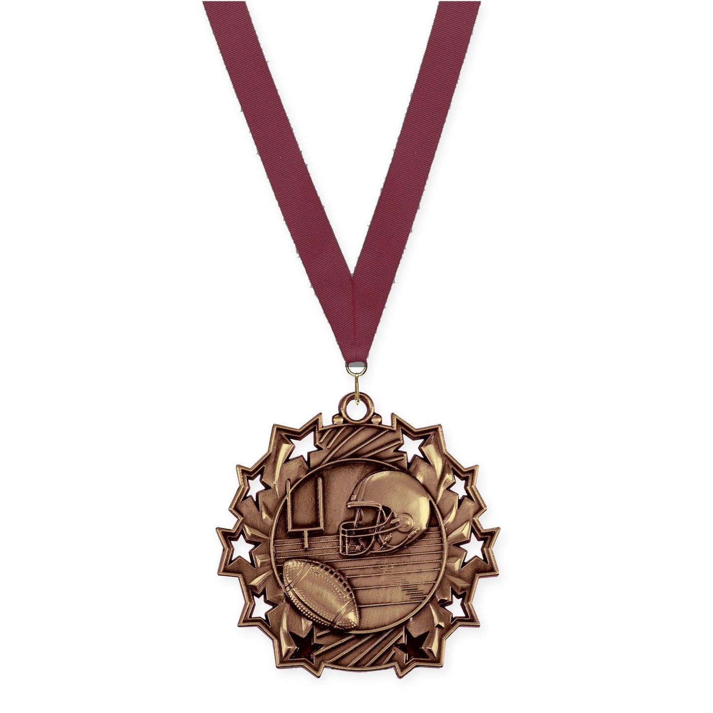 2 1/4 inch football Ten Star medal in bright bronze with Maroon neck ribbon