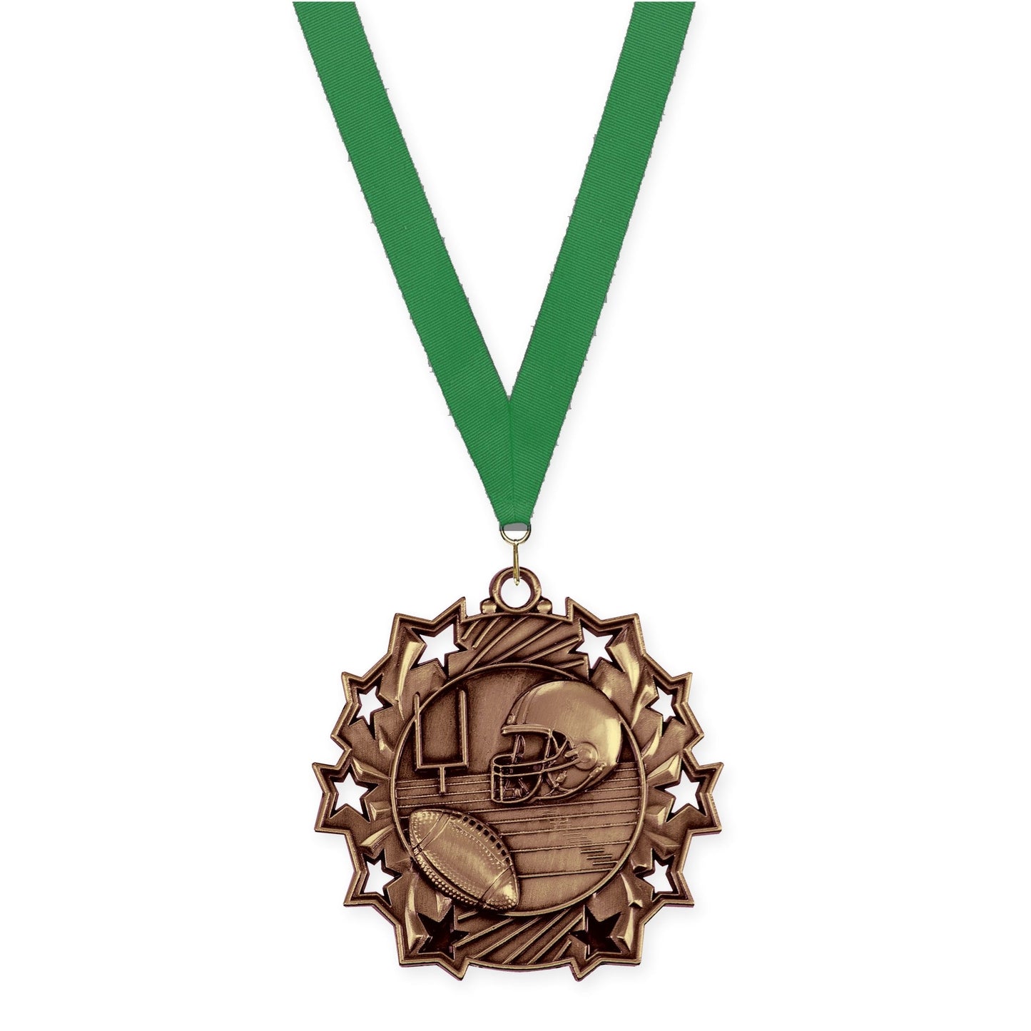 2 1/4 inch football Ten Star medal in bright bronze with Green neck ribbon
