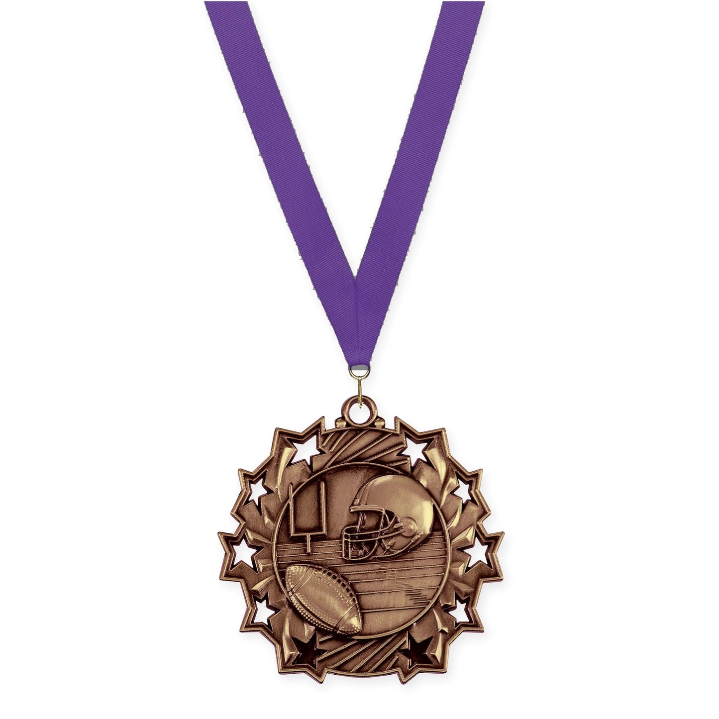 2 1/4 inch football Ten Star medal in bright bronze with Purple neck ribbon