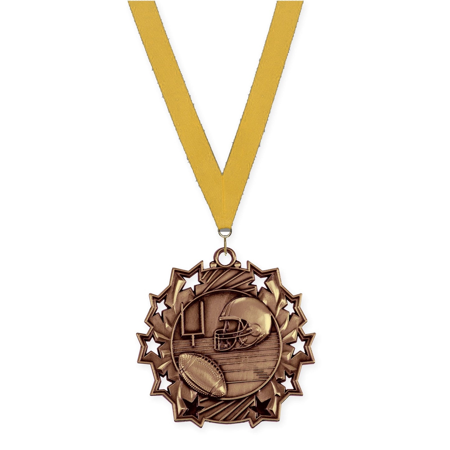 2 1/4 inch football Ten Star medal in bright bronze with Gold neck ribbon