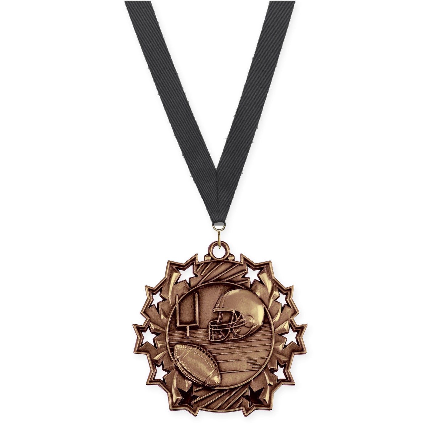 2 1/4 inch football Ten Star medal in bright bronze with Black neck ribbon