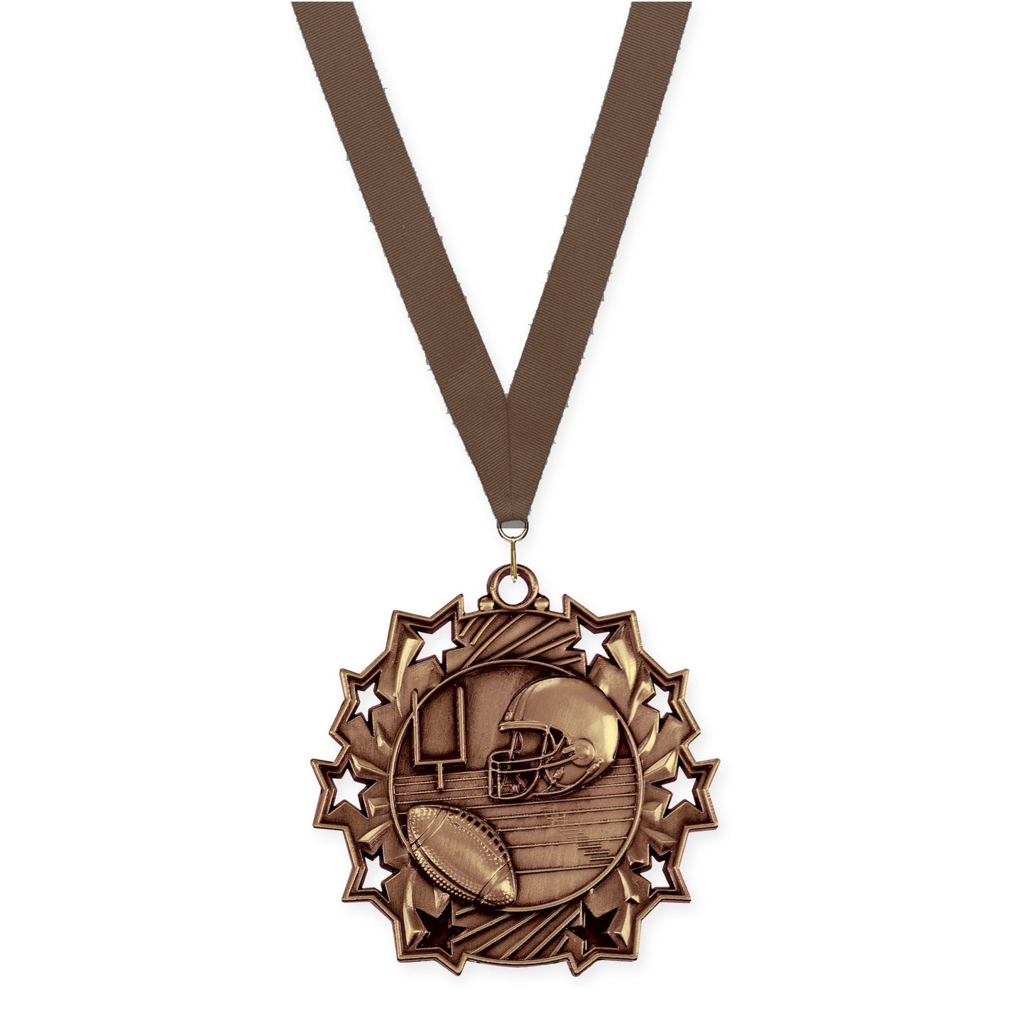 2 1/4 inch football Ten Star medal in bright bronze with Brown neck ribbon