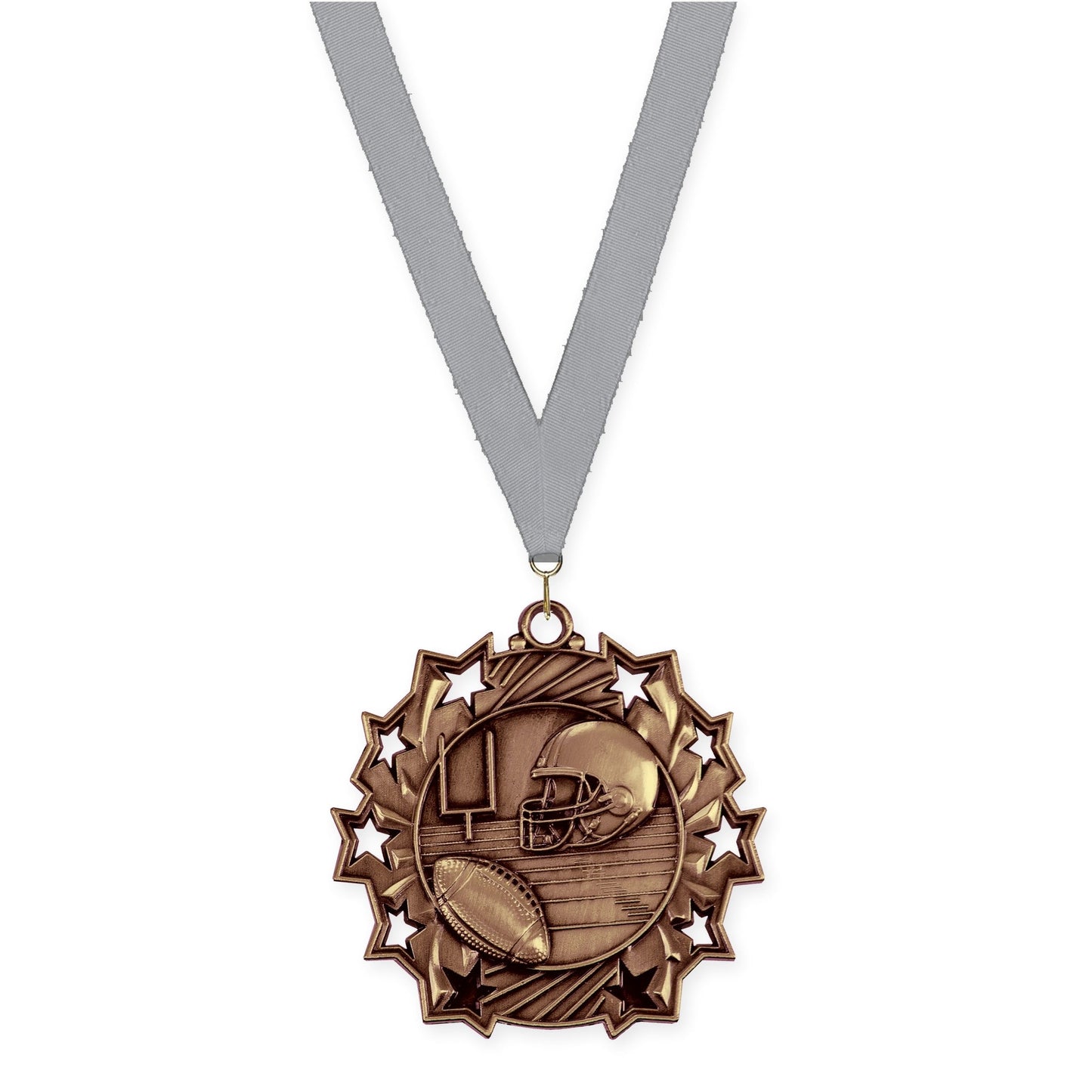 2 1/4 inch football Ten Star medal in bright bronze with Gray neck ribbon