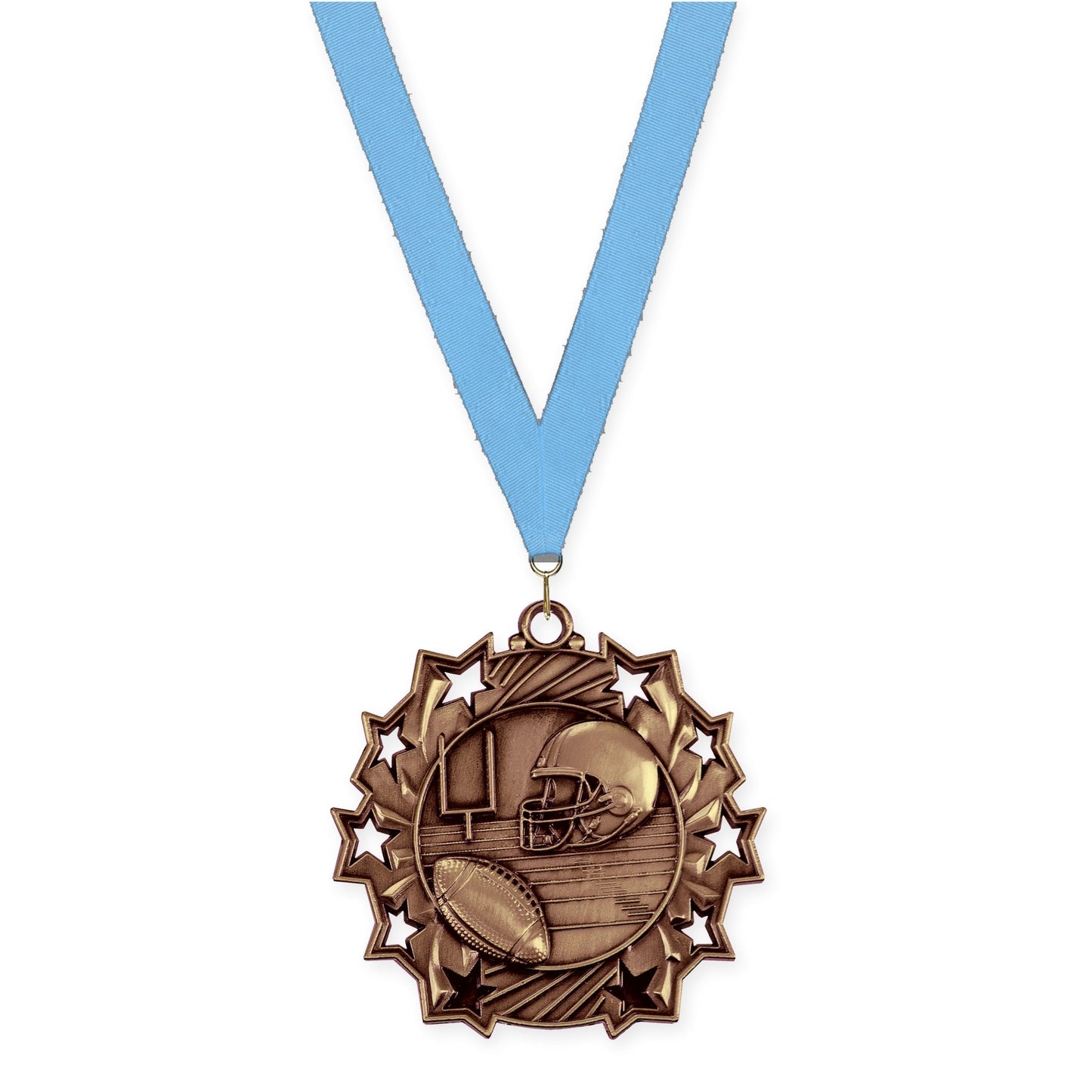 2 1/4 inch football Ten Star medal in bright bronze with Light Blue neck ribbon