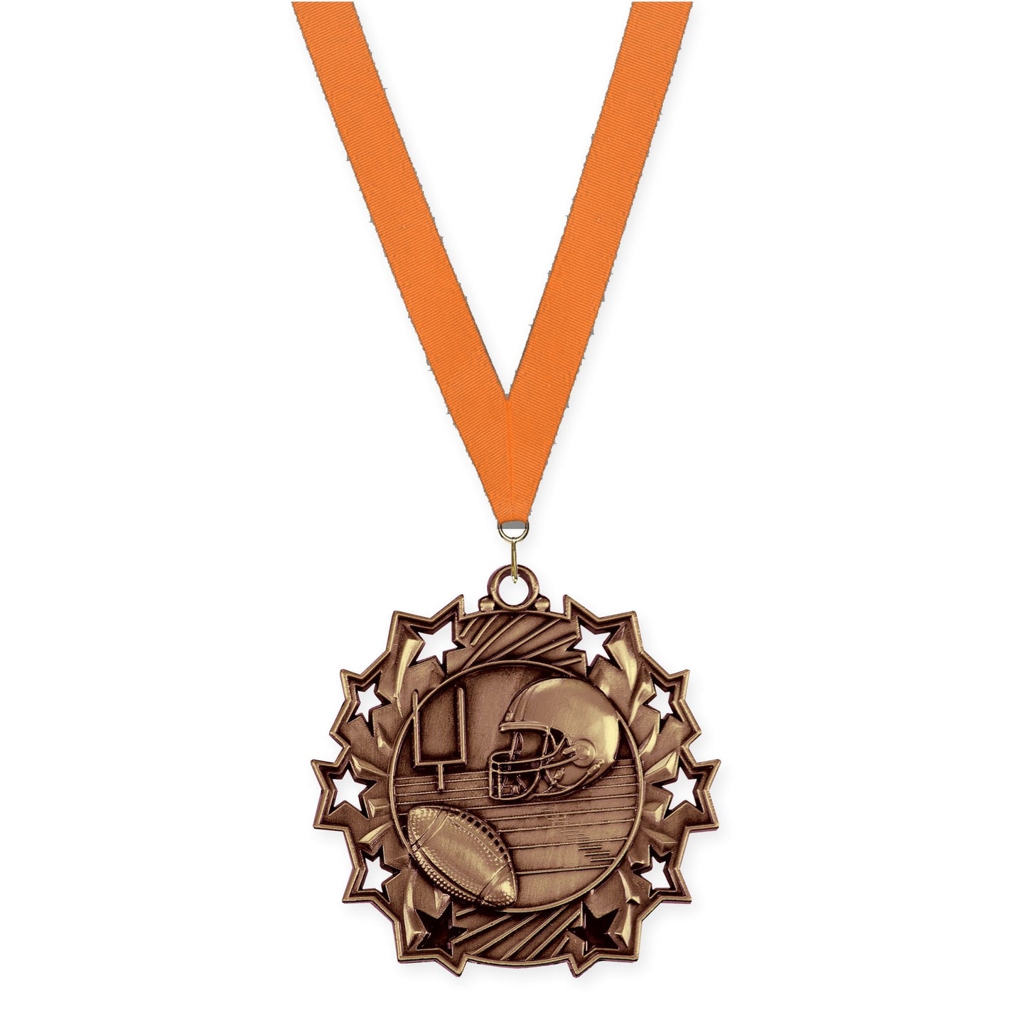 2 1/4 inch football Ten Star medal in bright bronze with Orange neck ribbon
