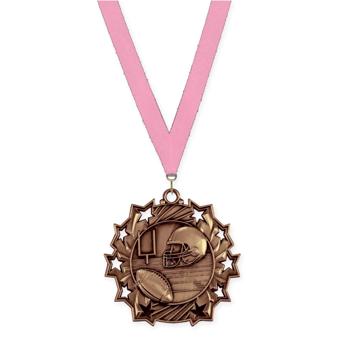 2 1/4 inch football Ten Star medal in bright bronze with Pink neck ribbon