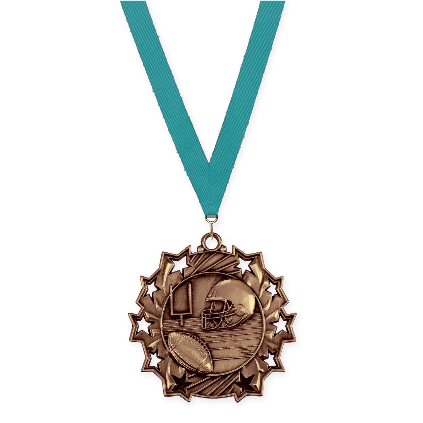 2 1/4 inch football Ten Star medal in bright bronze with Teal neck ribbon