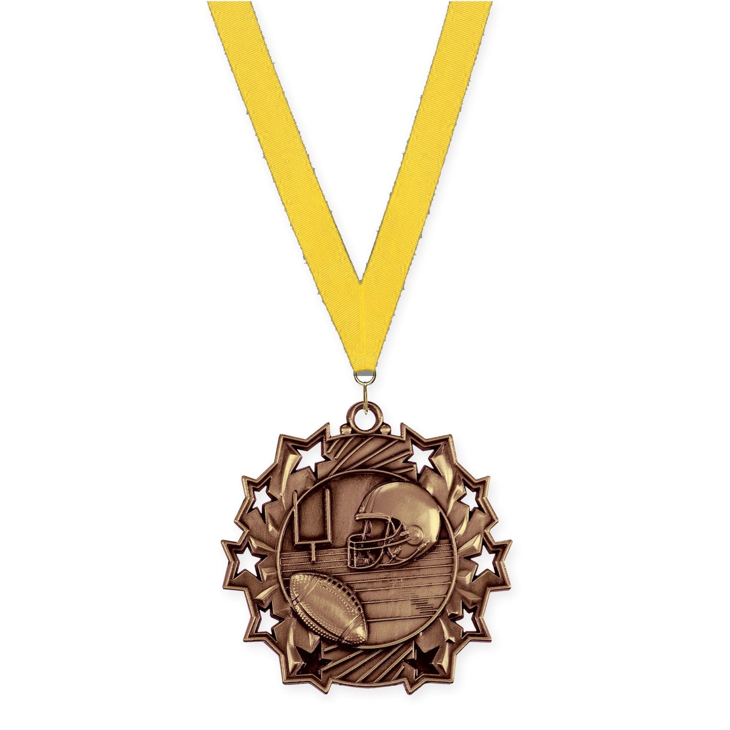2 1/4 inch football Ten Star medal in bright bronze with Yellow neck ribbon