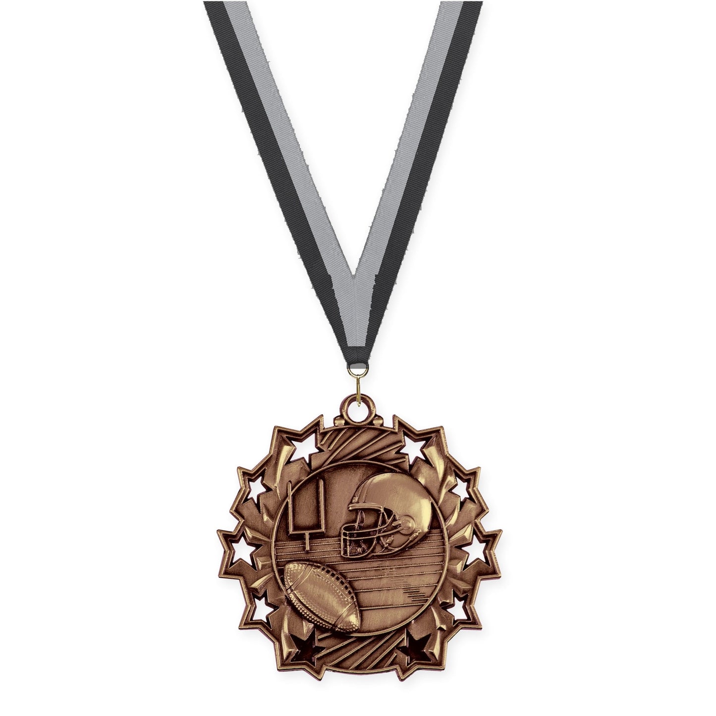 2 1/4 inch football Ten Star medal in bright bronze with Black Gray neck ribbon
