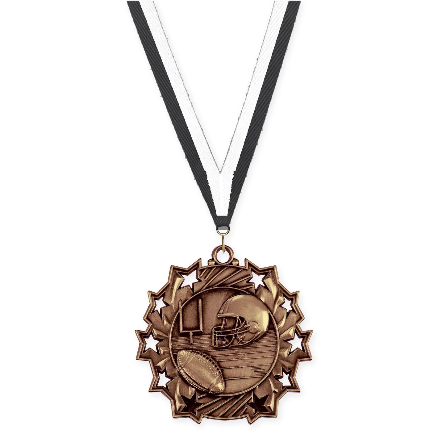 2 1/4 inch football Ten Star medal in bright bronze with Black White neck ribbon