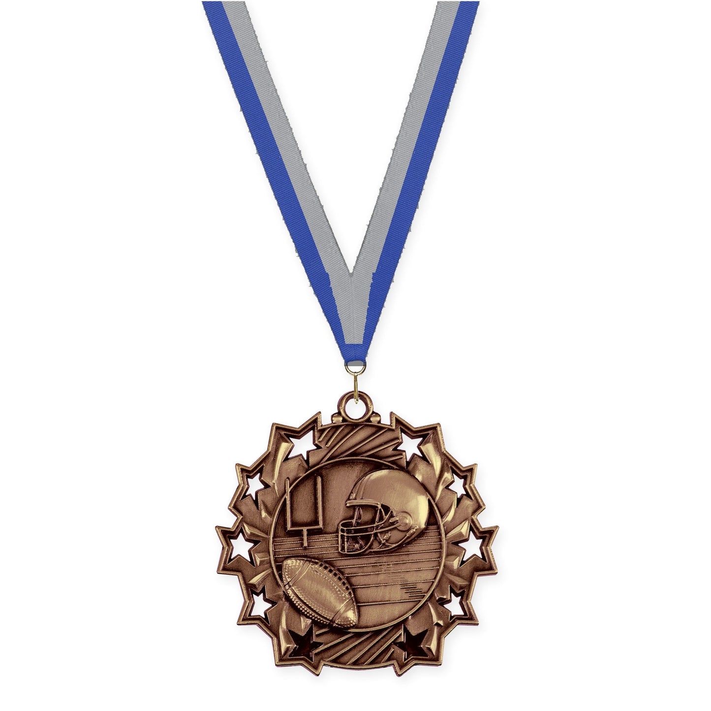 2 1/4 inch football Ten Star medal in bright bronze with Blue Gray neck ribbon