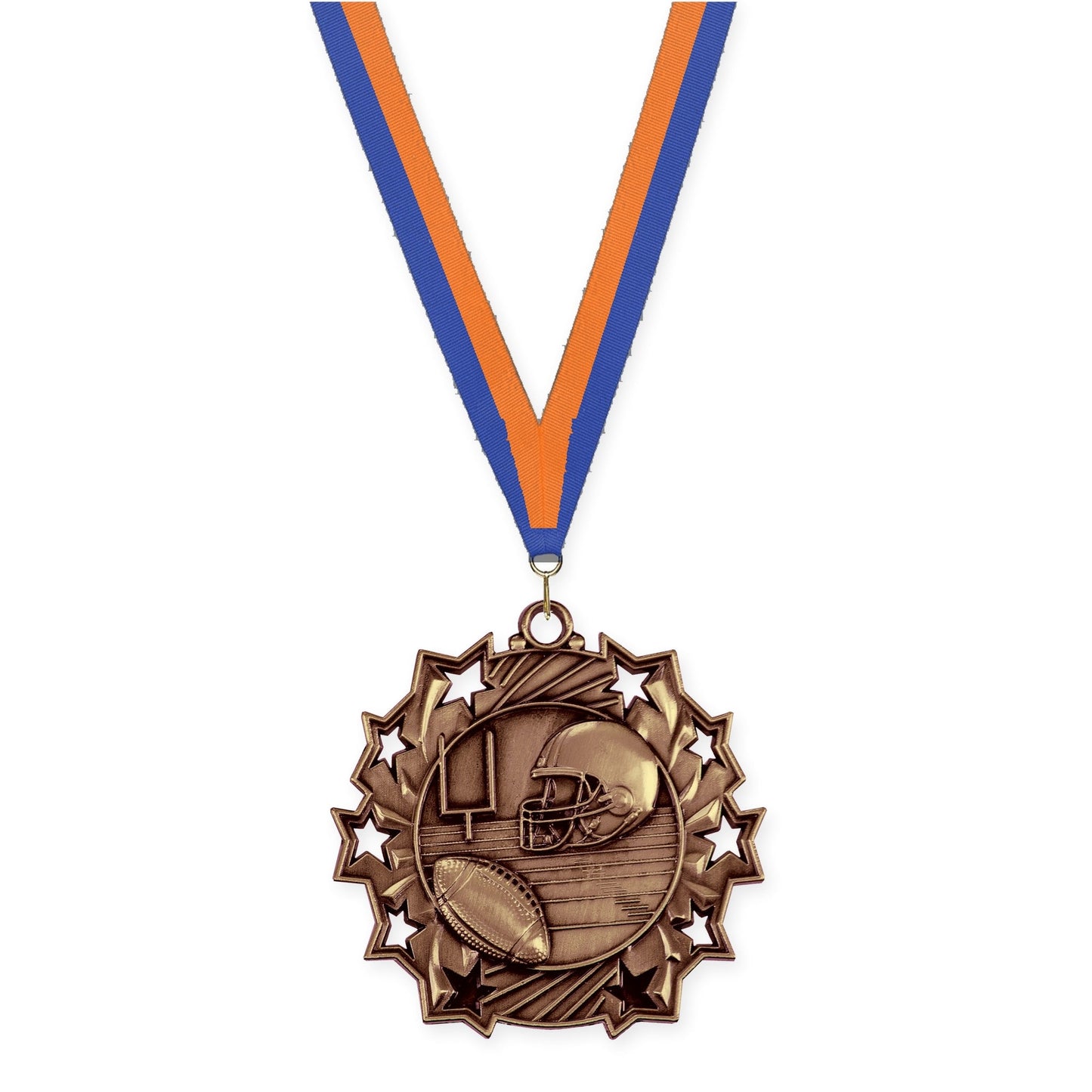 2 1/4 inch football Ten Star medal in bright bronze with Blue Orange neck ribbon