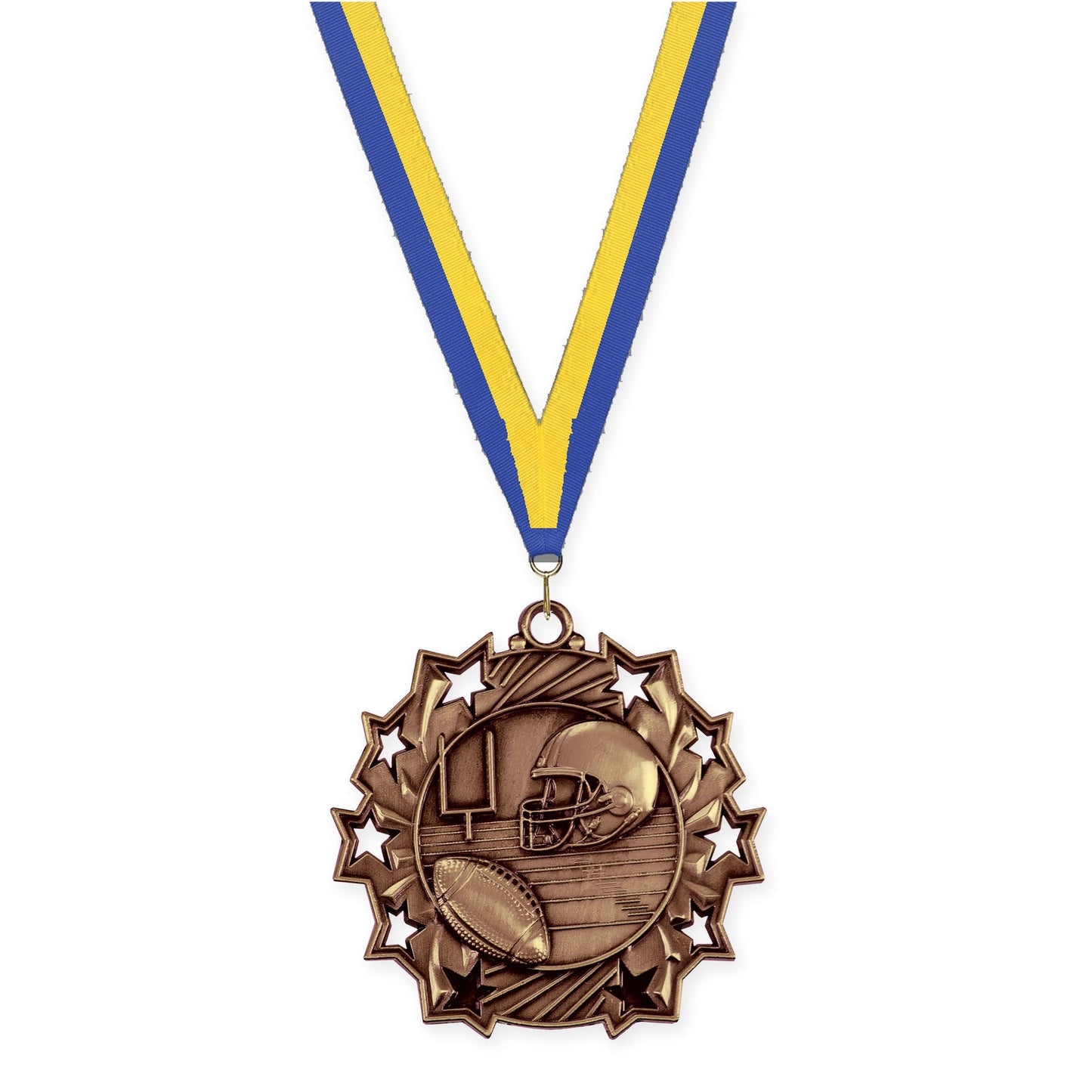 2 1/4 inch football Ten Star medal in bright bronze with Blue Yellow neck ribbon