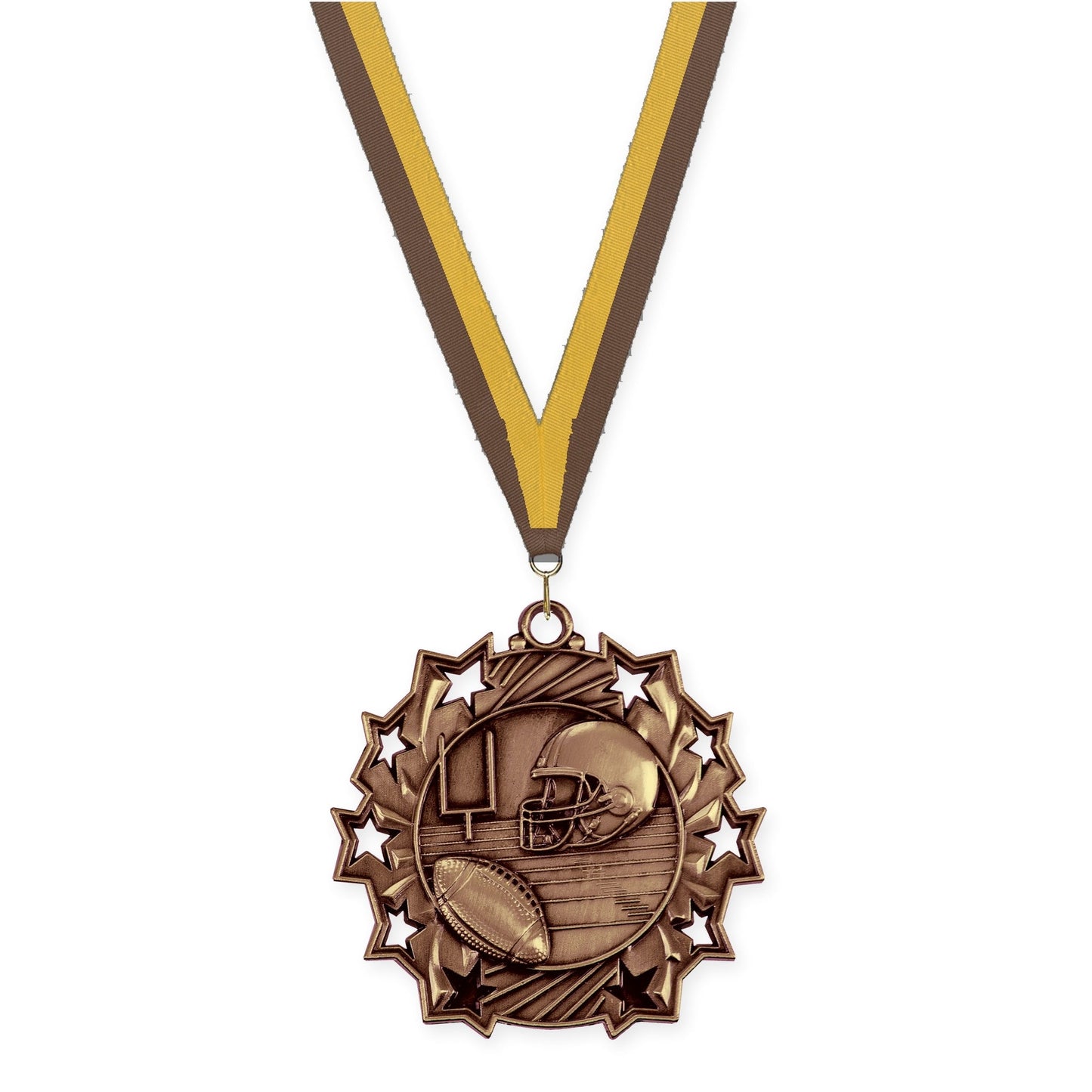 2 1/4 inch football Ten Star medal in bright bronze with Brown Gold neck ribbon