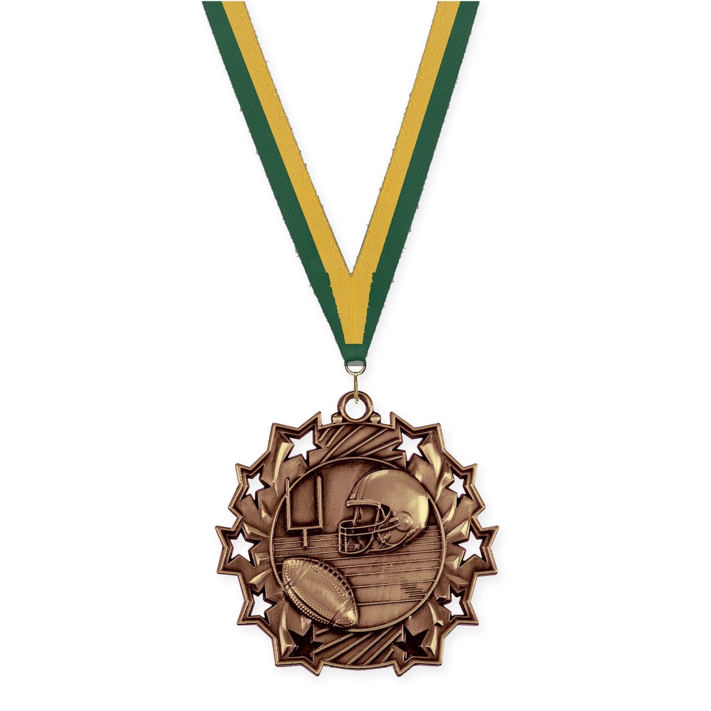 2 1/4 inch football Ten Star medal in bright bronze with Hunter Green Gold neck ribbon
