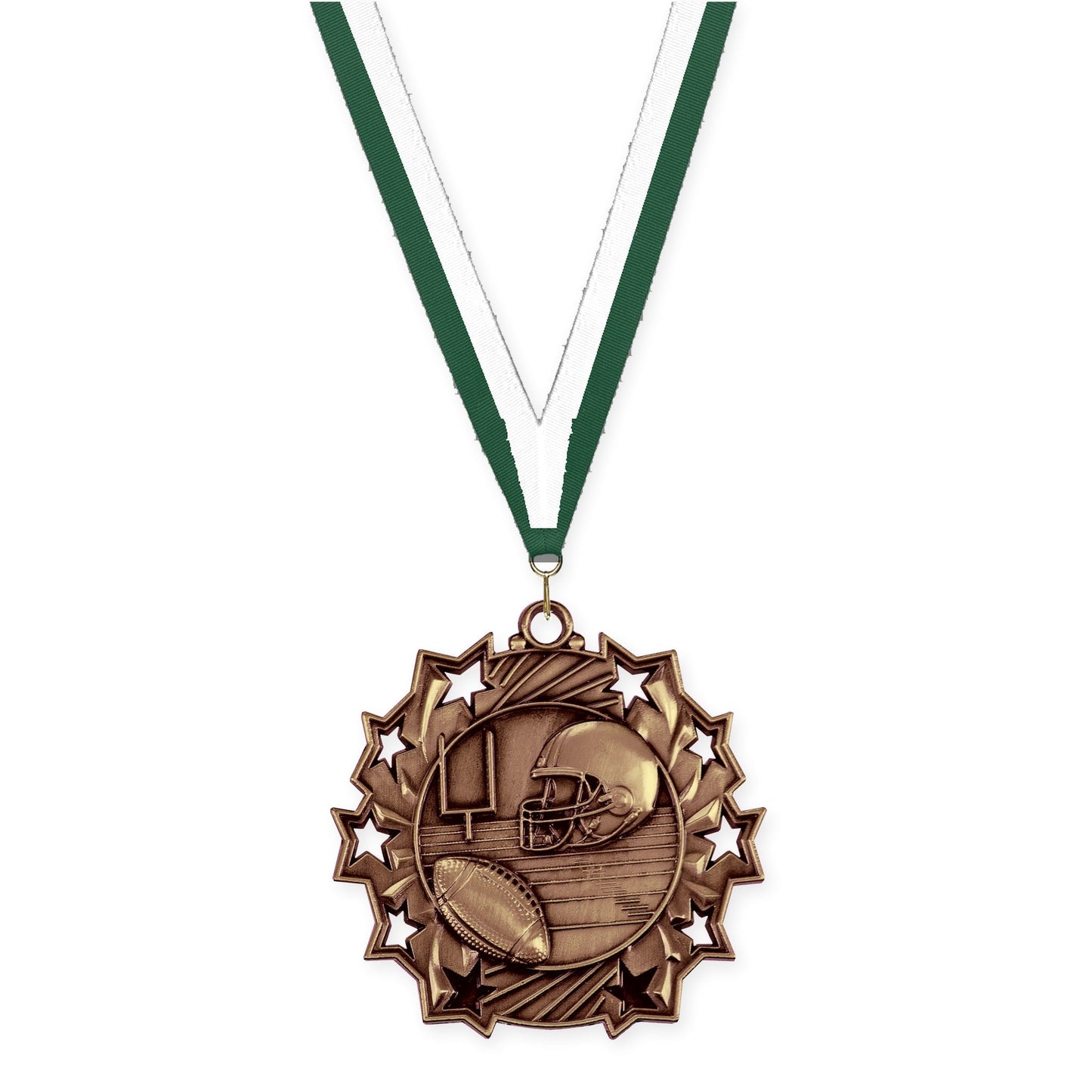 2 1/4 inch football Ten Star medal in bright bronze with Hunter Green White neck ribbon
