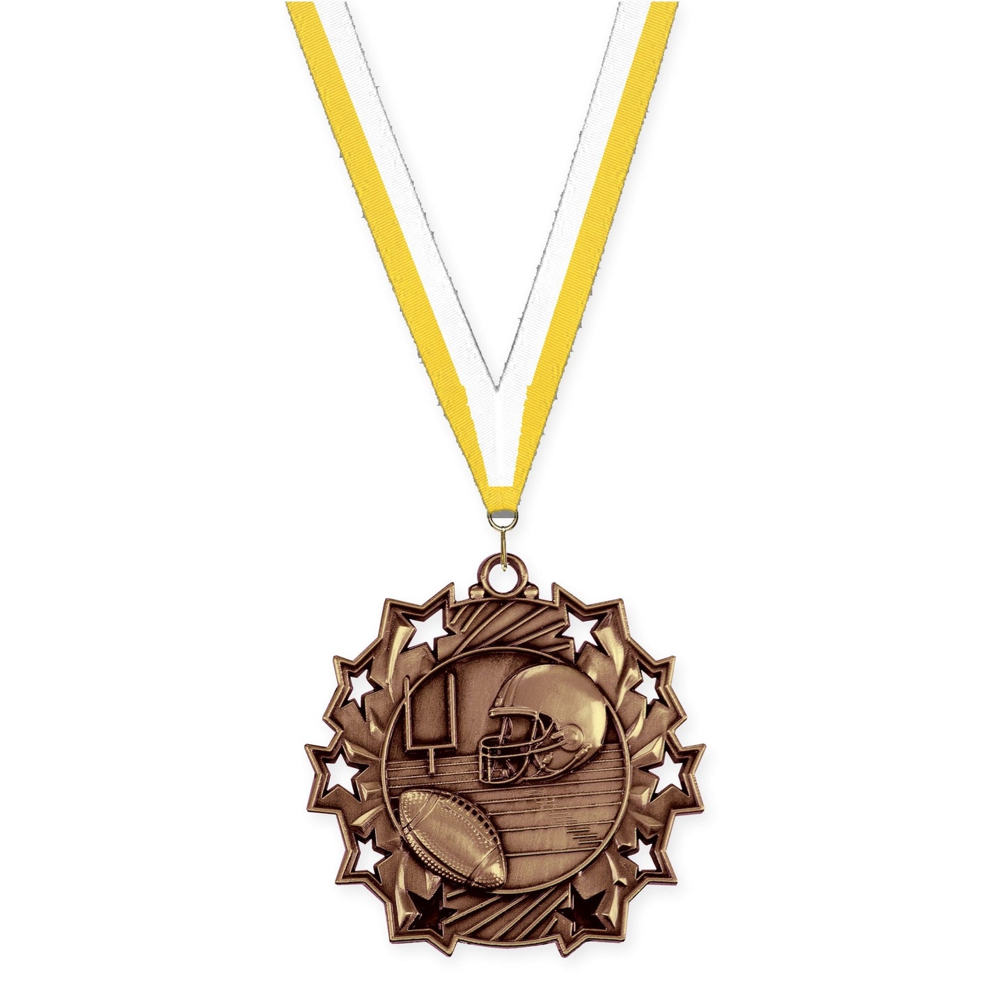 2 1/4 inch football Ten Star medal in bright bronze with Yellow White neck ribbon