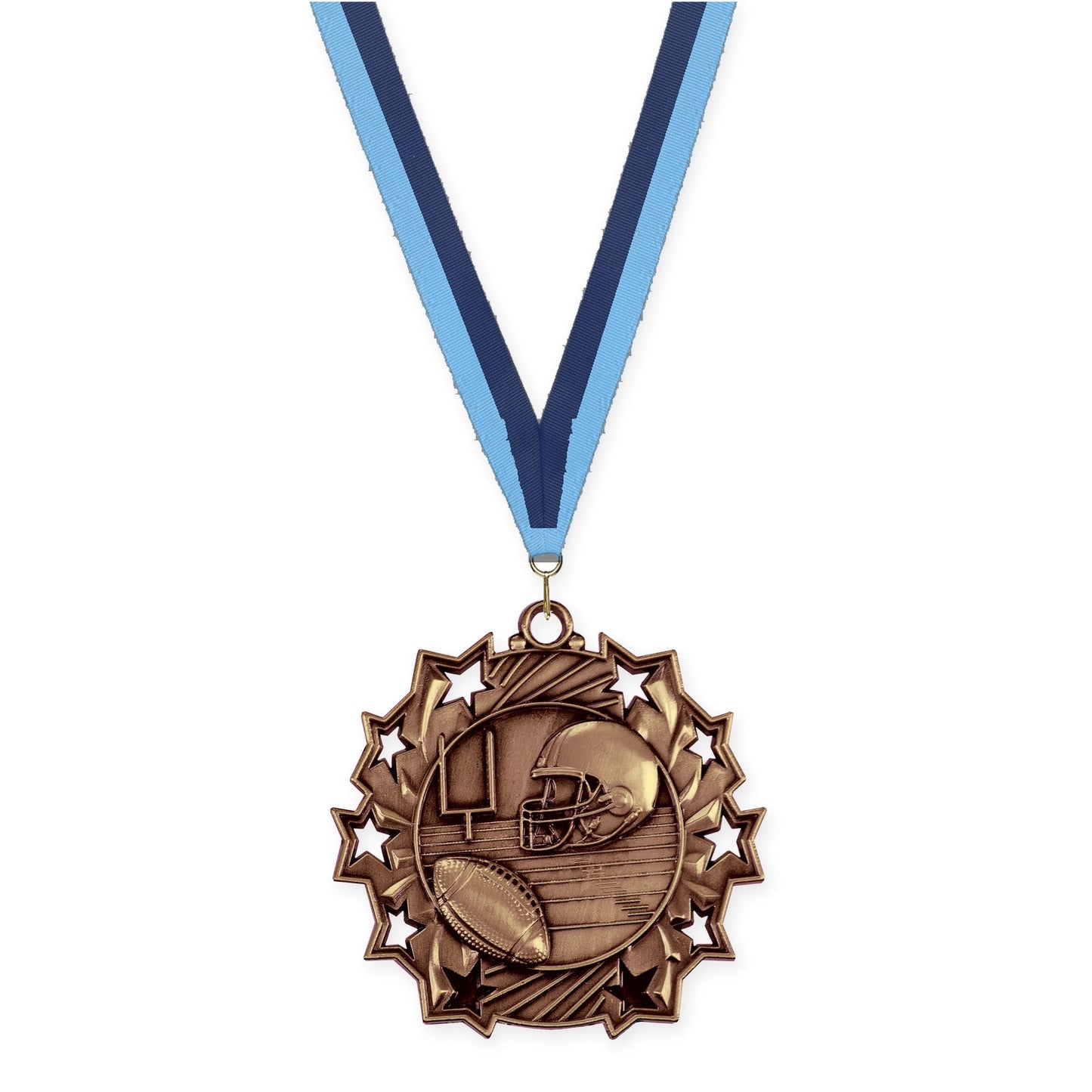 2 1/4 inch football Ten Star medal in bright bronze with Light Blue Navy neck ribbon