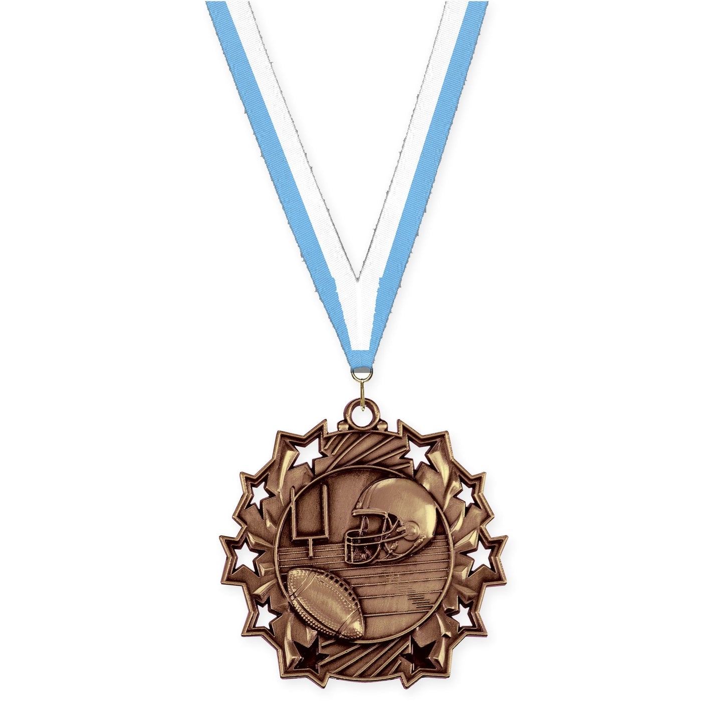 2 1/4 inch football Ten Star medal in bright bronze with Light Blue White neck ribbon
