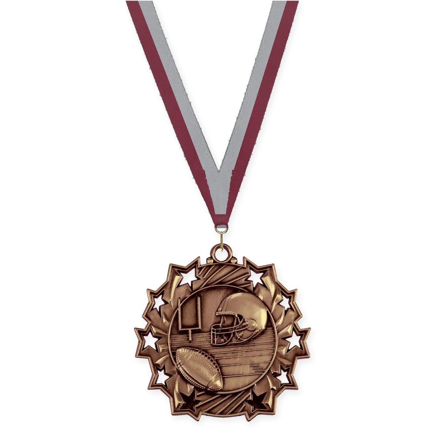2 1/4 inch football Ten Star medal in bright bronze with Maroon Gray neck ribbon