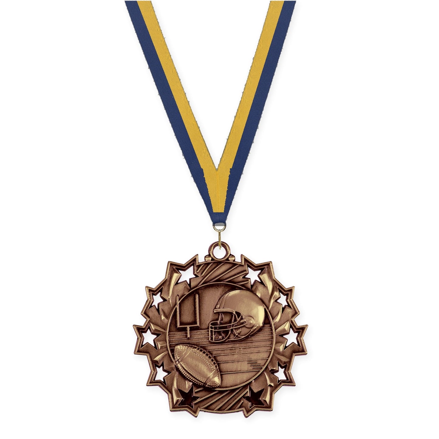 2 1/4 inch football Ten Star medal in bright bronze with Navy Gold neck ribbon