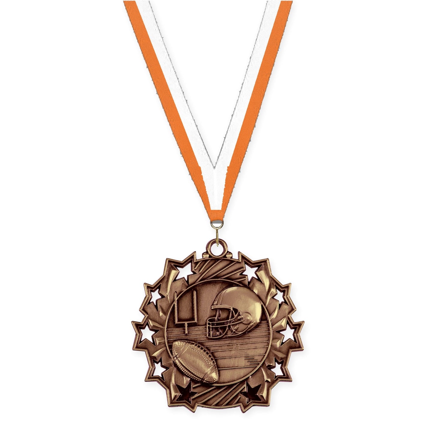 2 1/4 inch football Ten Star medal in bright bronze with Orange White neck ribbon