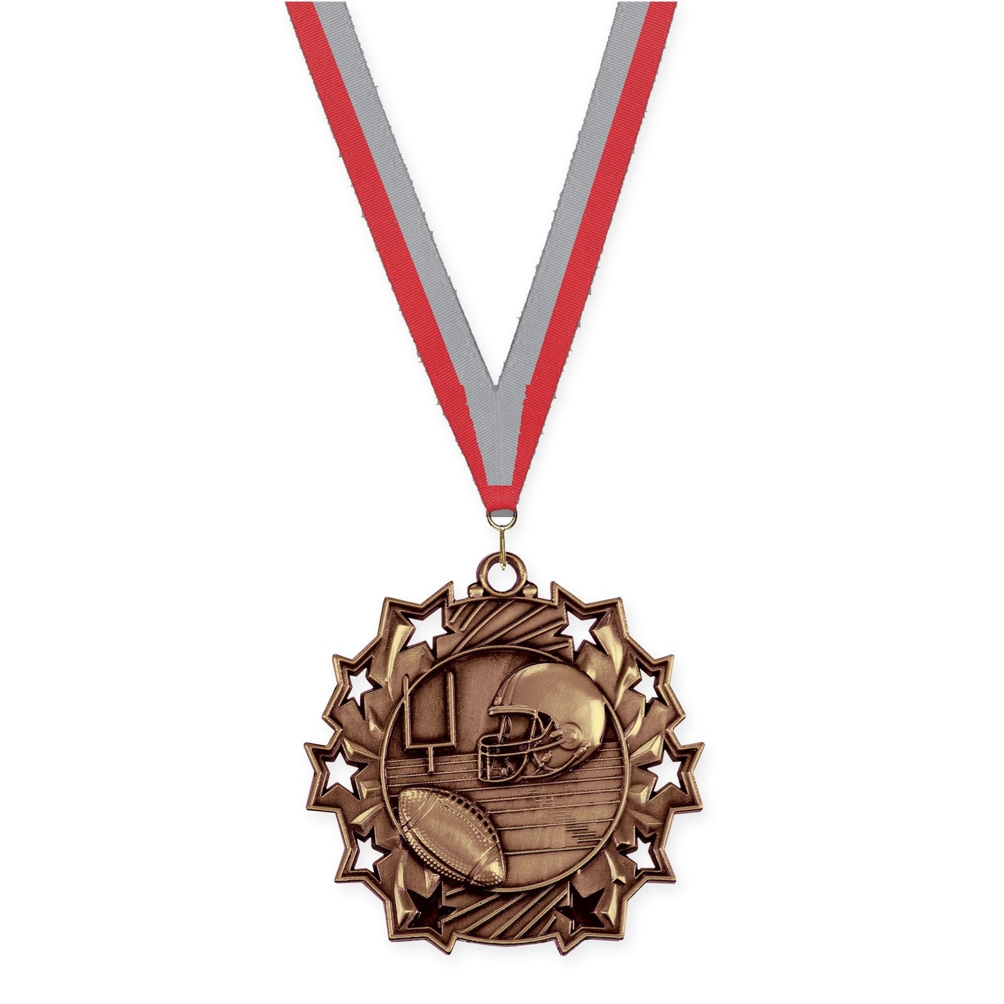 2 1/4 inch football Ten Star medal in bright bronze with Red Gray neck ribbon