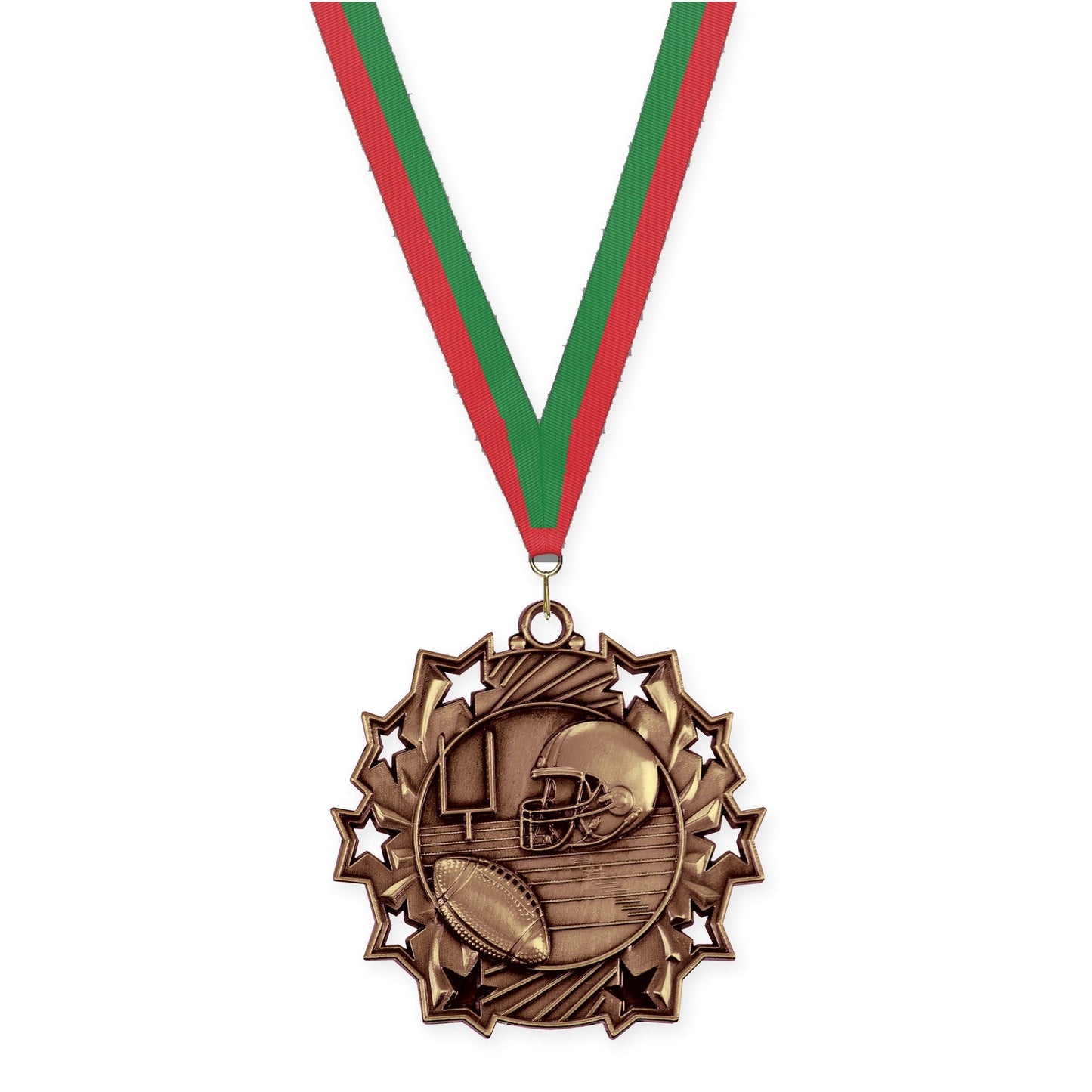 2 1/4 inch football Ten Star medal in bright bronze with Red Green neck ribbon