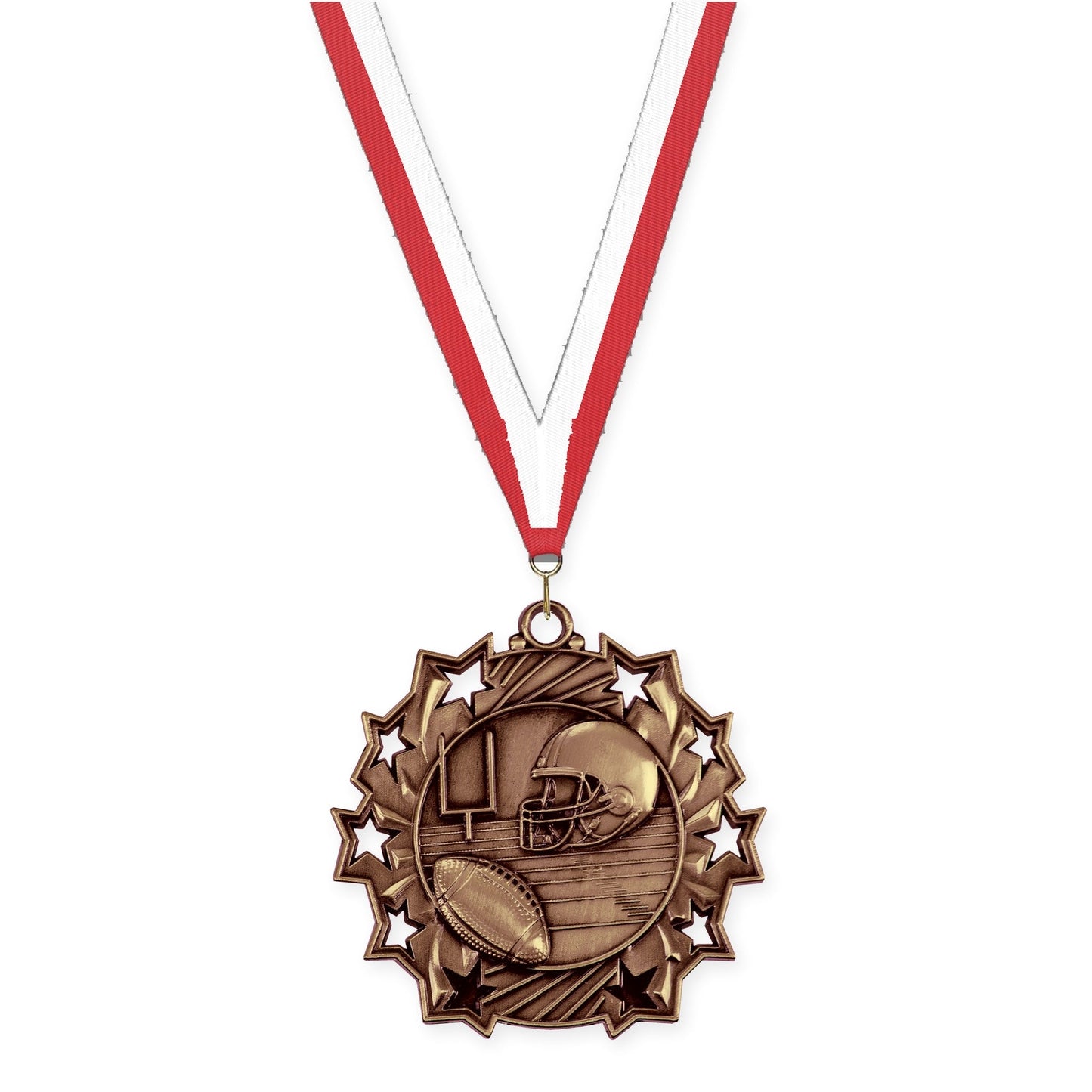 2 1/4 inch football Ten Star medal in bright bronze with Red White neck ribbon