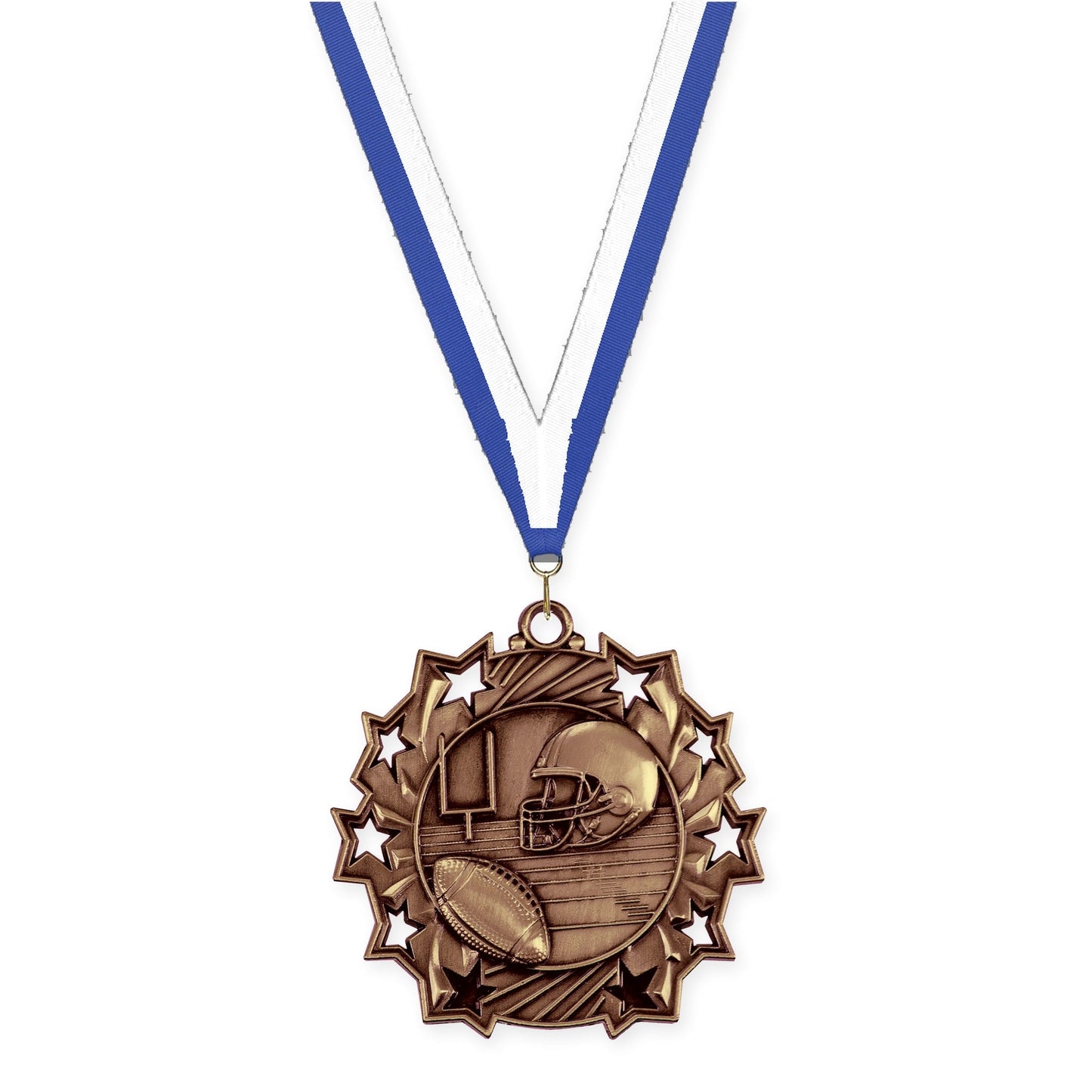 2 1/4 inch football Ten Star medal in bright bronze with Blue White neck ribbon