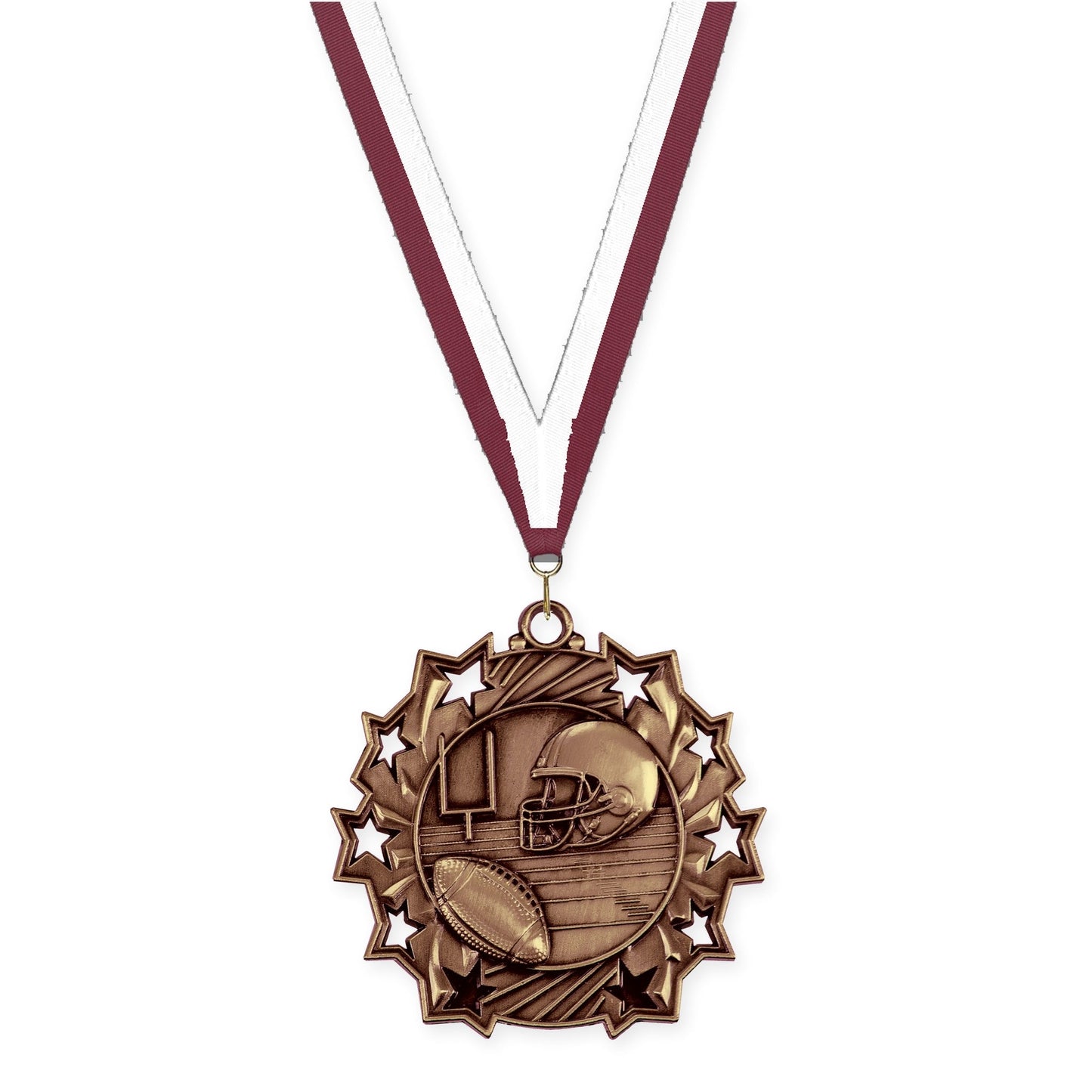 2 1/4 inch football Ten Star medal in bright bronze with Maroon White neck ribbon