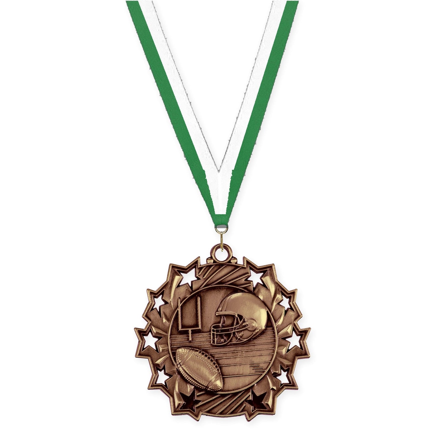 2 1/4 inch football Ten Star medal in bright bronze with Green White neck ribbon