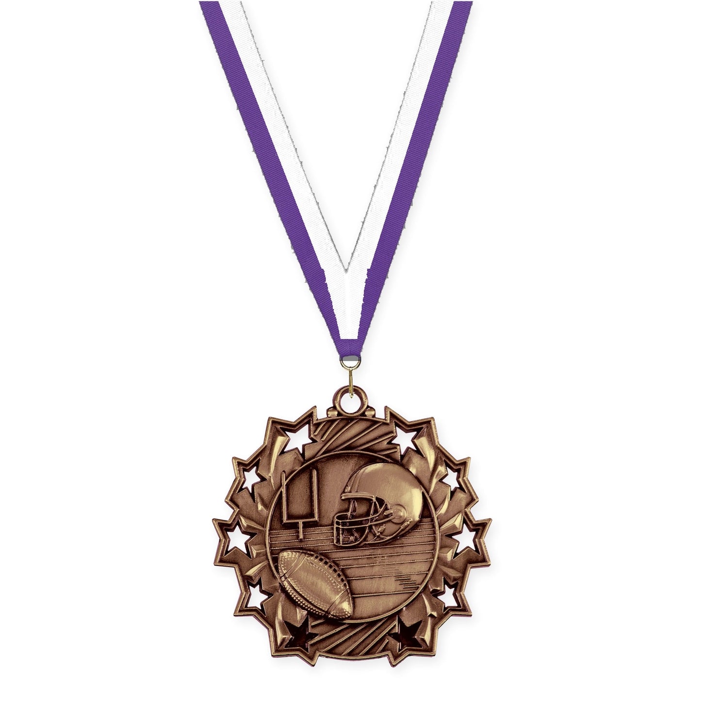 2 1/4 inch football Ten Star medal in bright bronze with Purple White neck ribbon