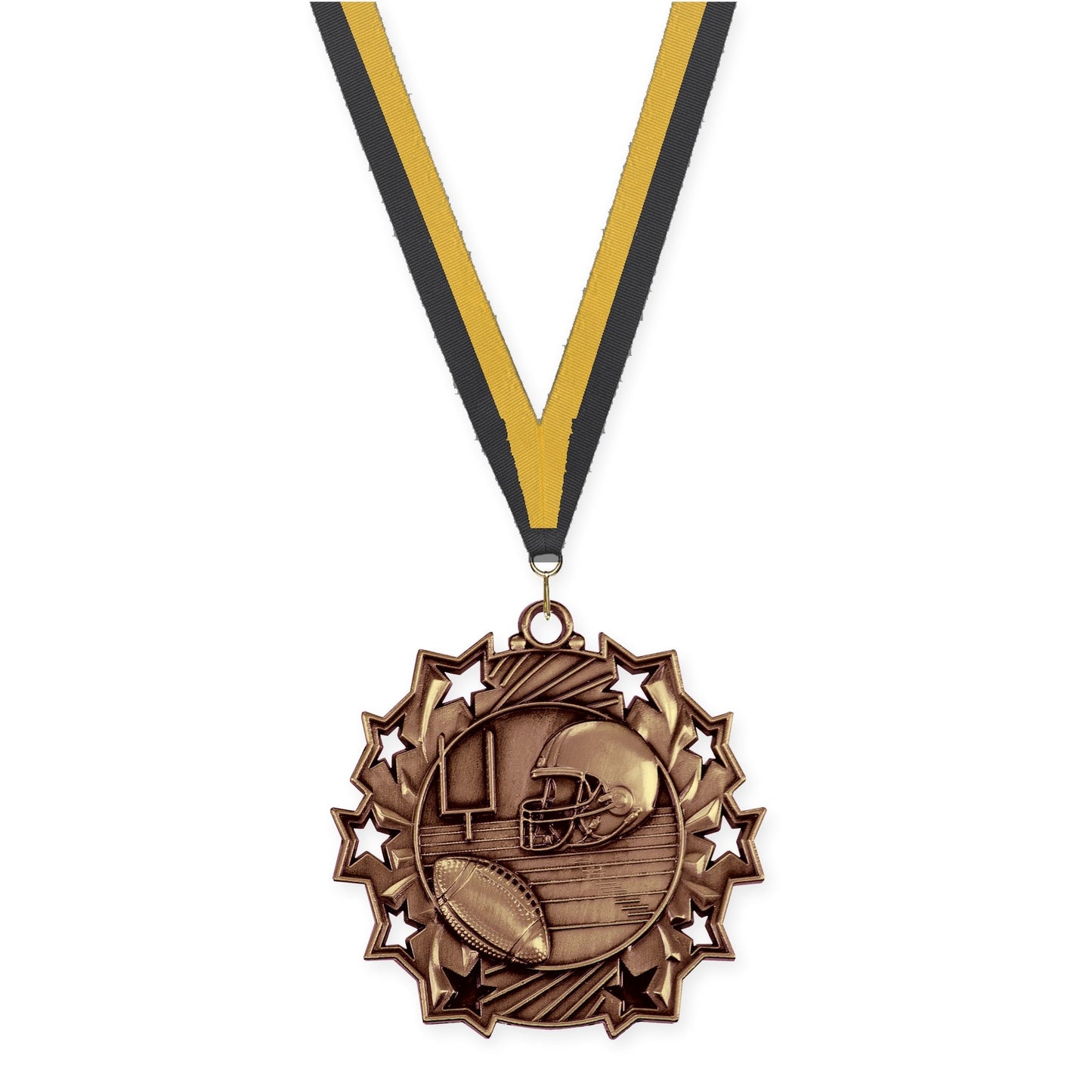 2 1/4 inch football Ten Star medal in bright bronze with Black Gold neck ribbon