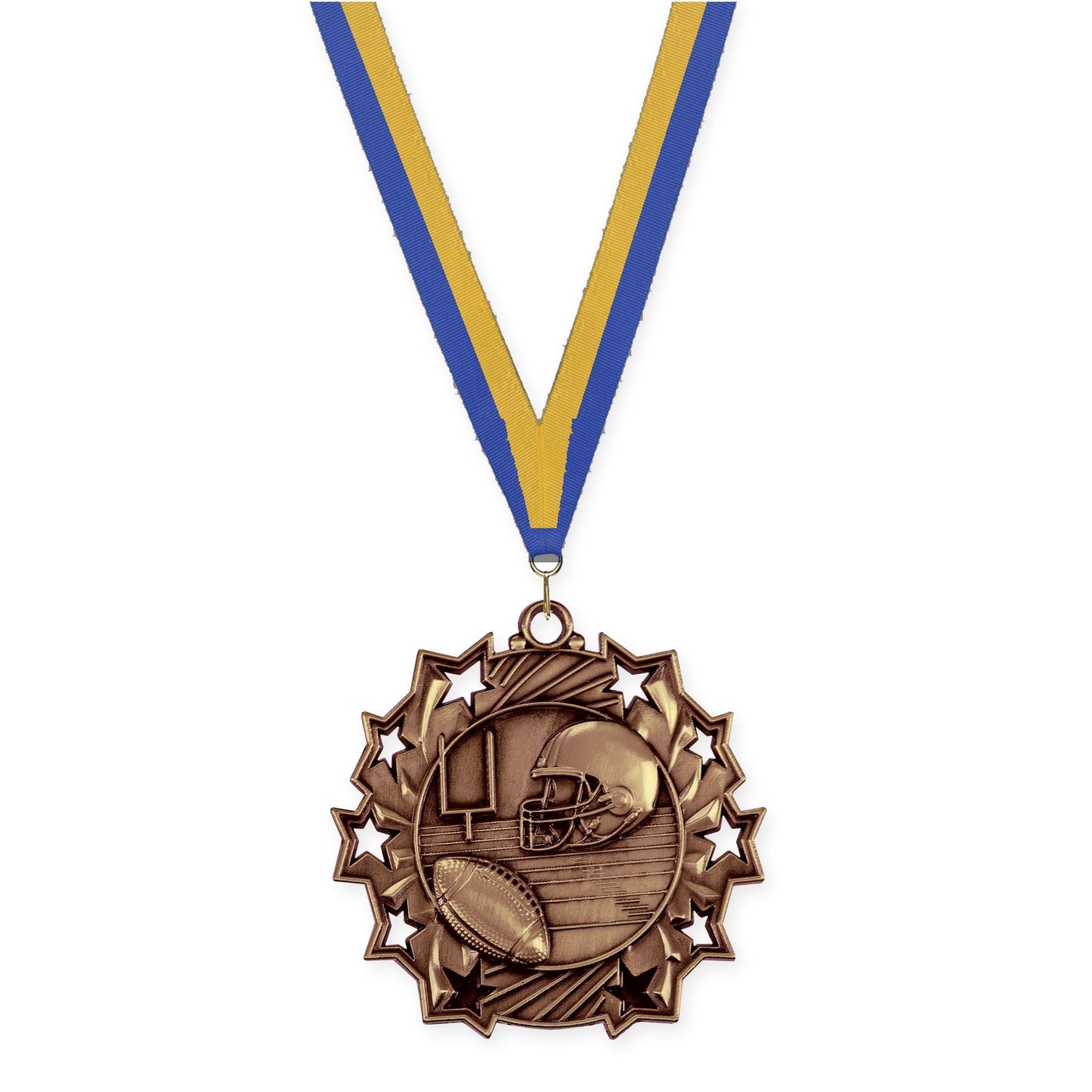 2 1/4 inch football Ten Star medal in bright bronze with Blue Gold neck ribbon