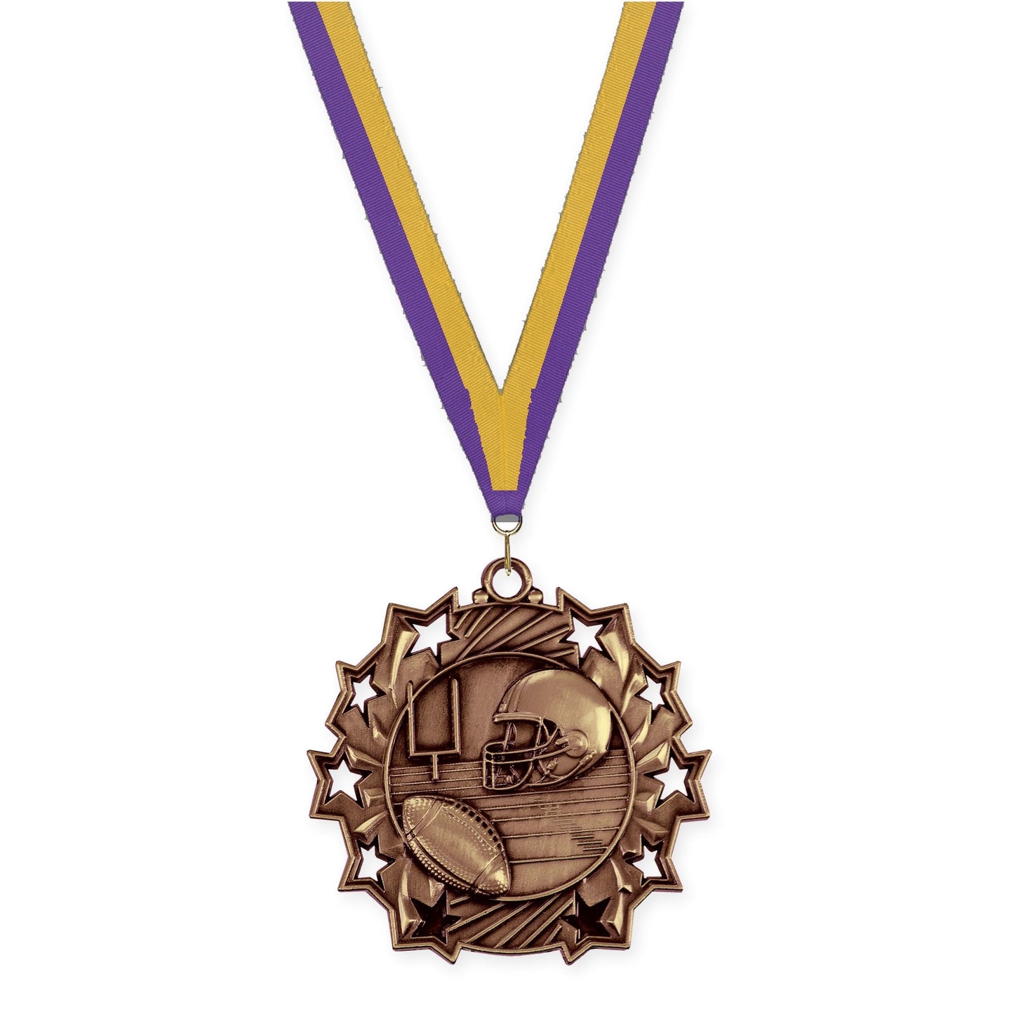 2 1/4 inch football Ten Star medal in bright bronze with Purple Gold neck ribbon
