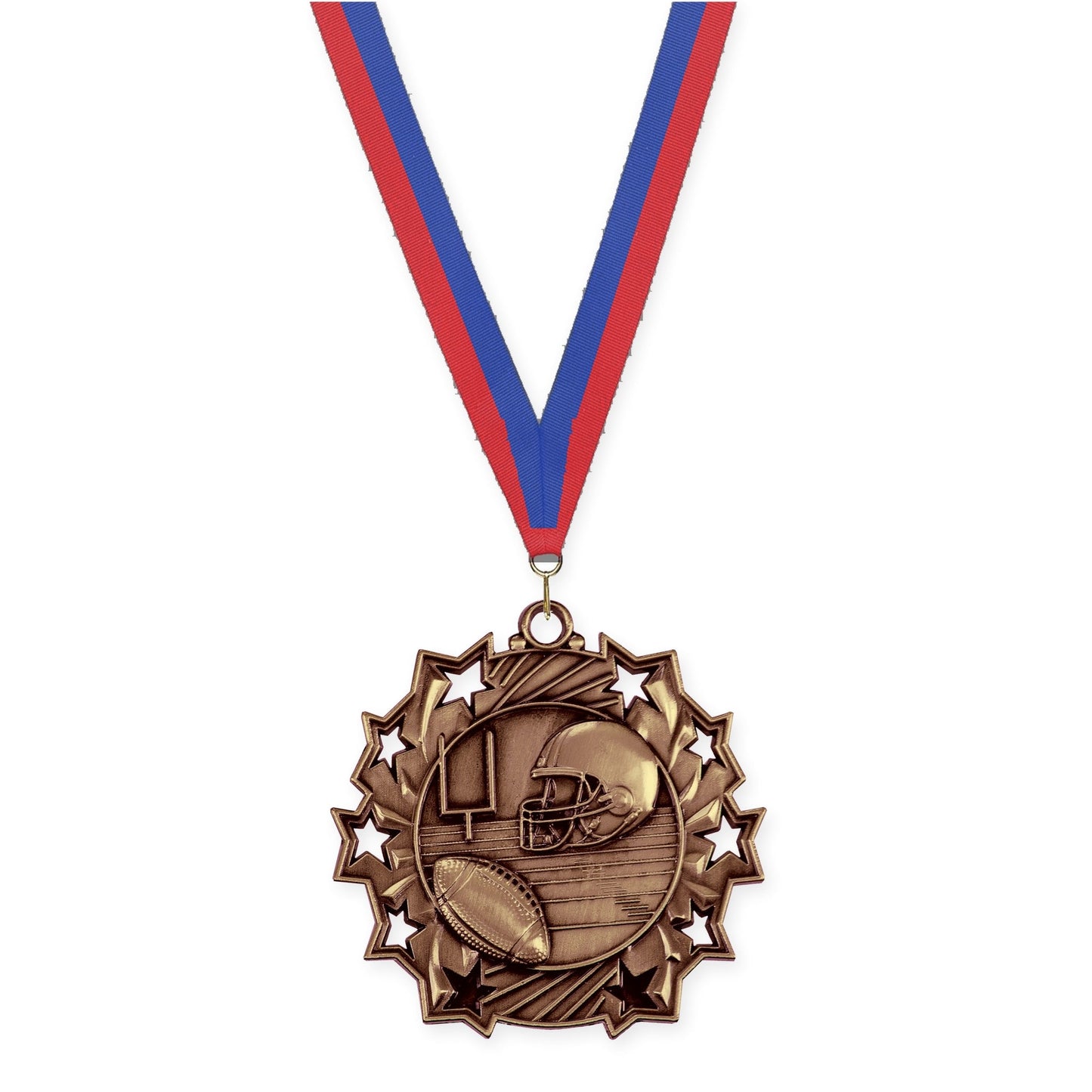 2 1/4 inch football Ten Star medal in bright bronze with Blue Red neck ribbon